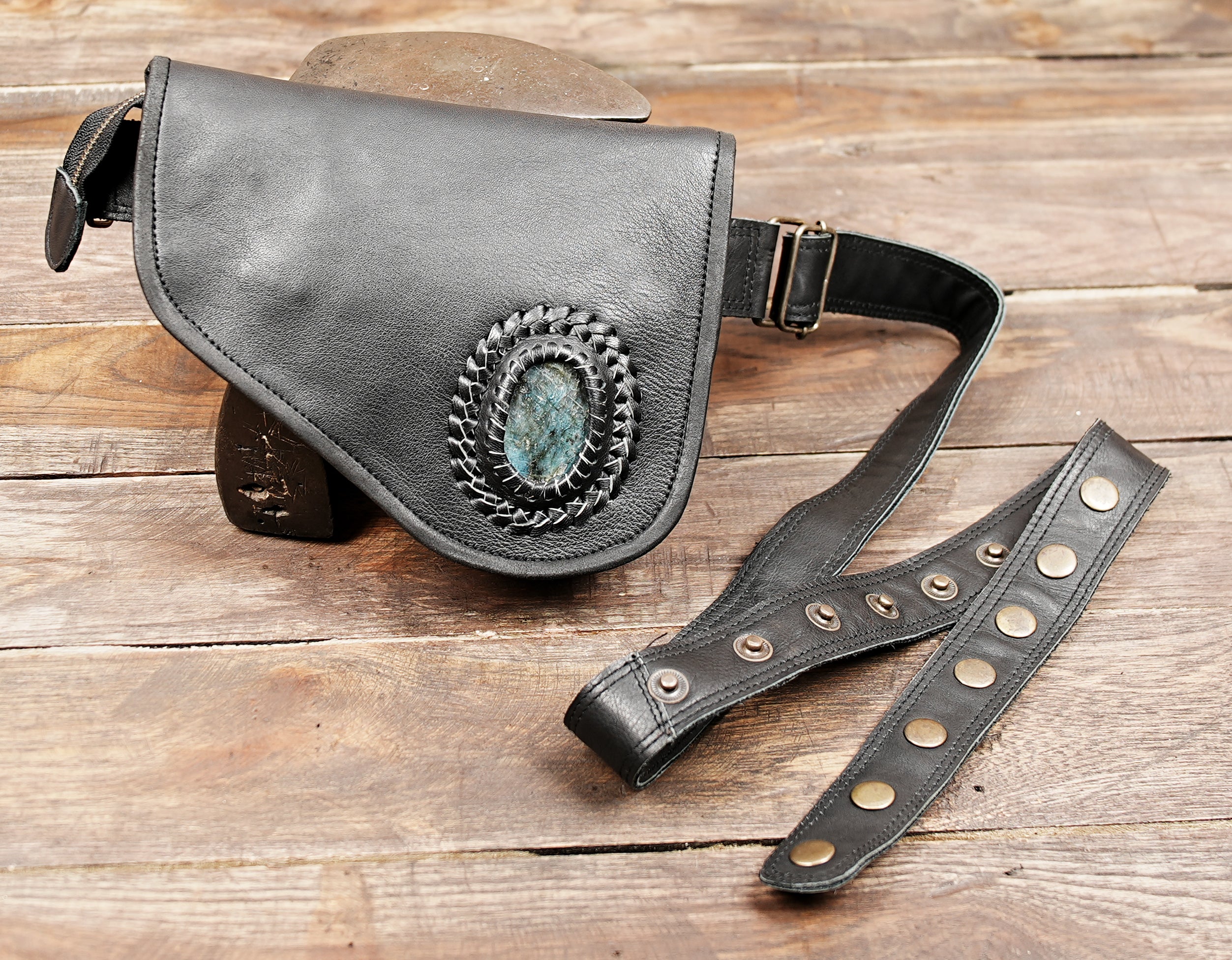 Handmade Leather Belt Bag: Gemstone Accent, Festival Fanny Pack