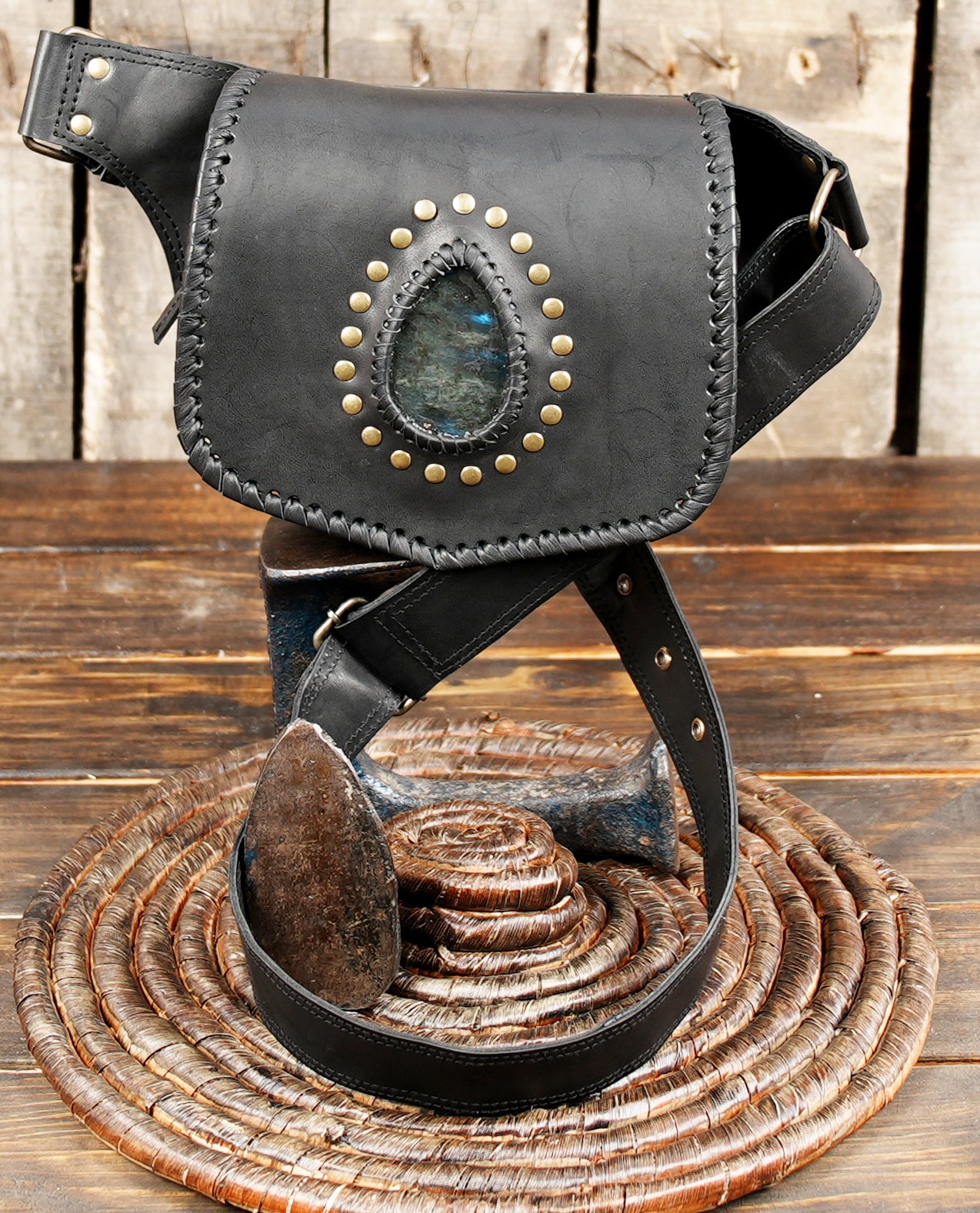 Unisex handcrafted leather belt bag with gemstone design