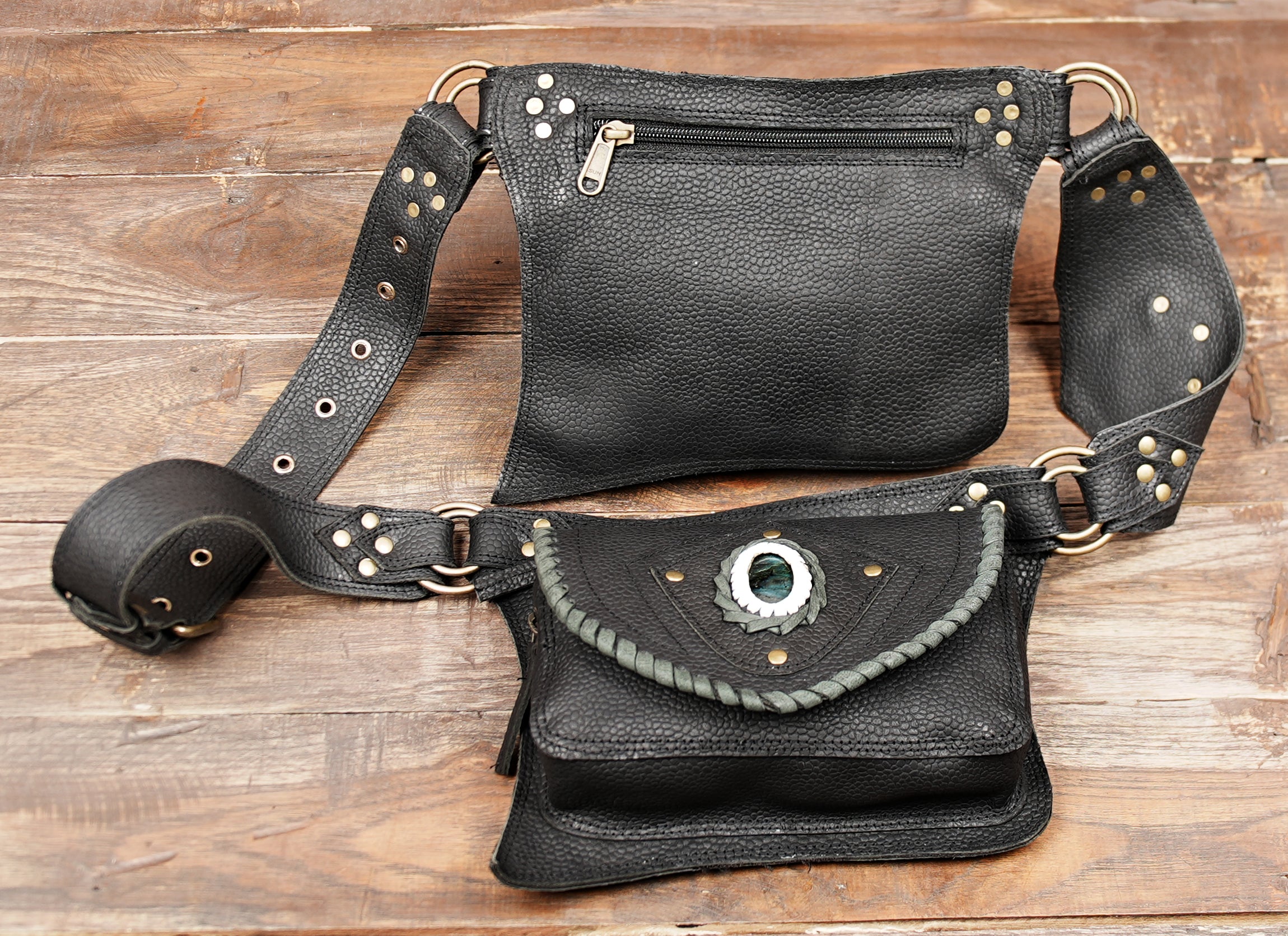 Black leather belt pouch with gemstone centerpiece for festival or cosplay wear