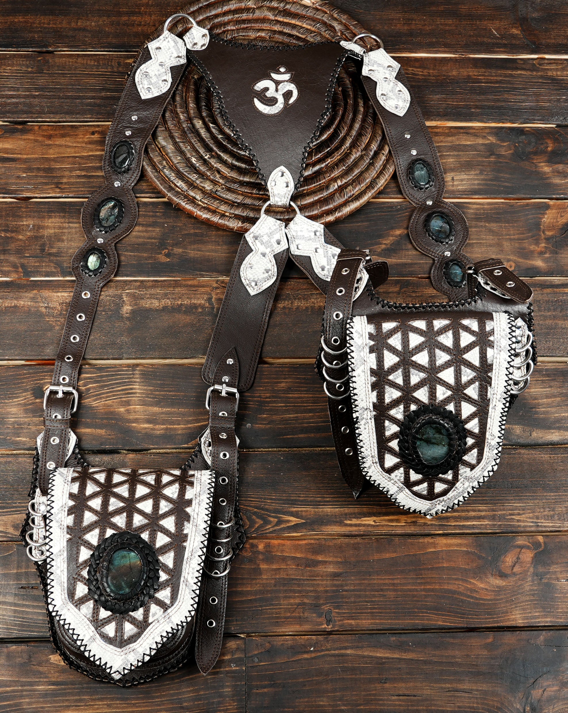Boho festival leather holster with gemstone inlay and metal hardware