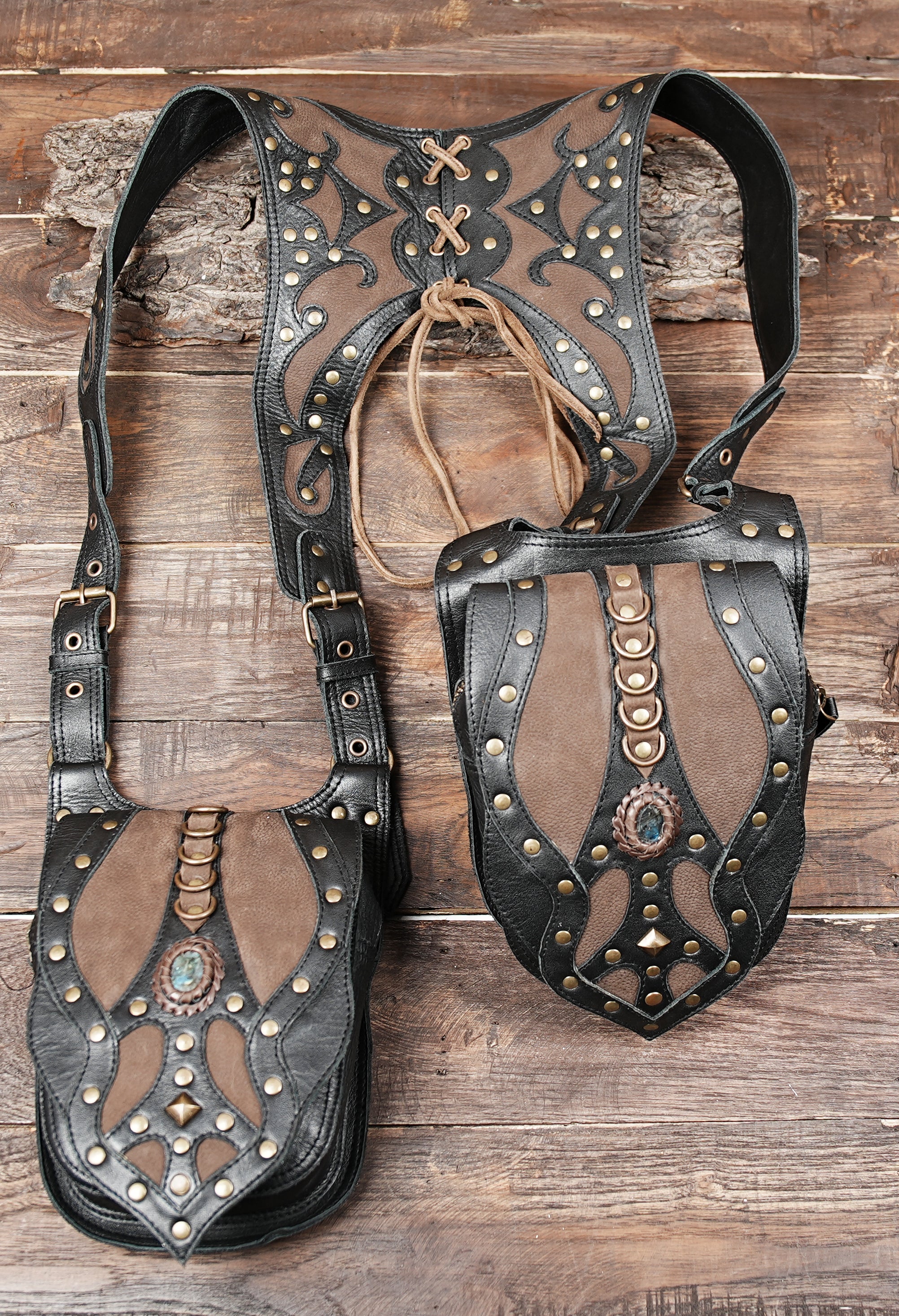 Handmade Leather Holster Belt with Dual Utility Pouches, Steampunk Festival Leather Harness Belt with Gemstone Design