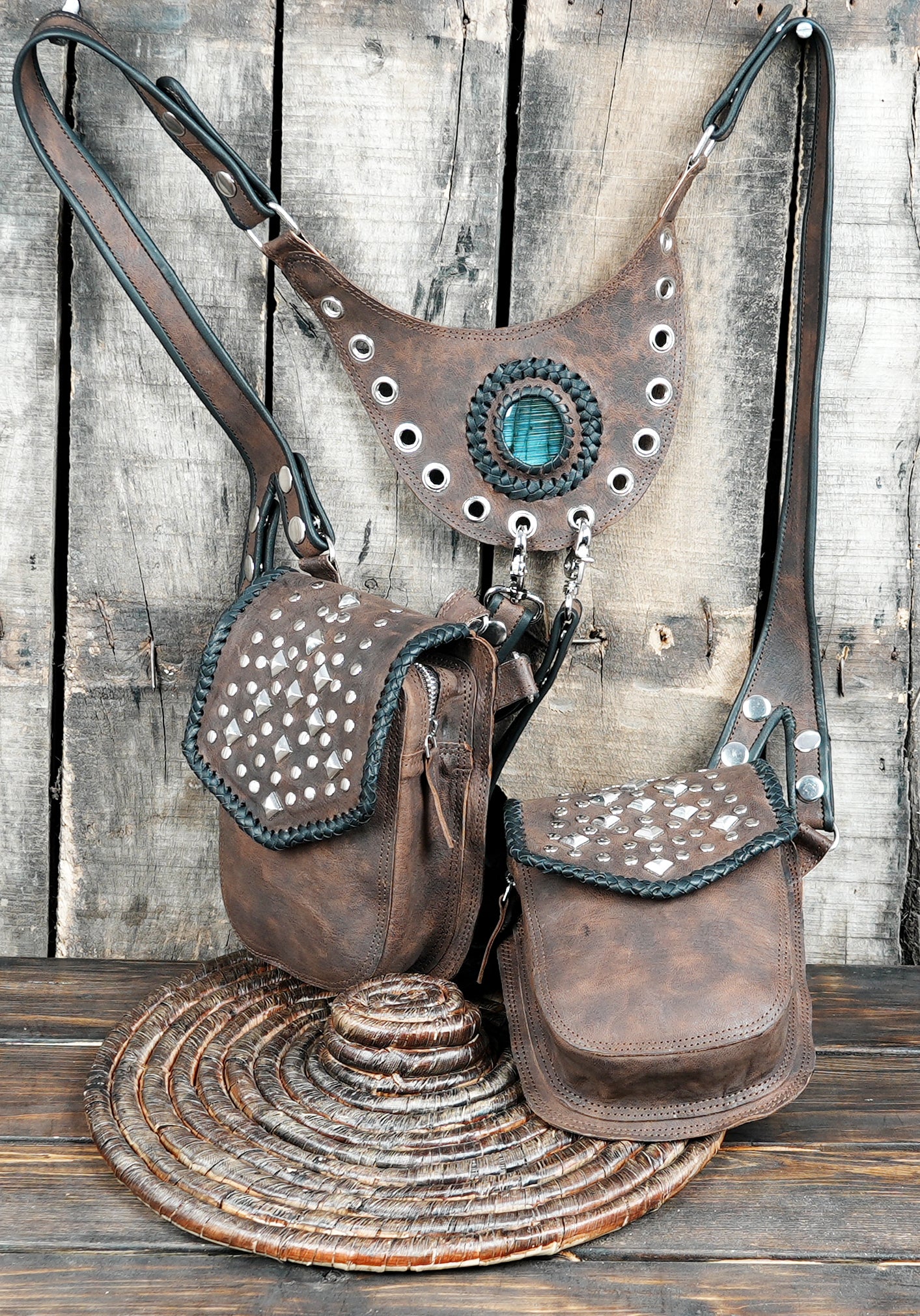 Leather Holster Bag - Brown Leather Shoulder Bag - Leather Festival Bag - Holster Leather Harness Bag with silver steel 