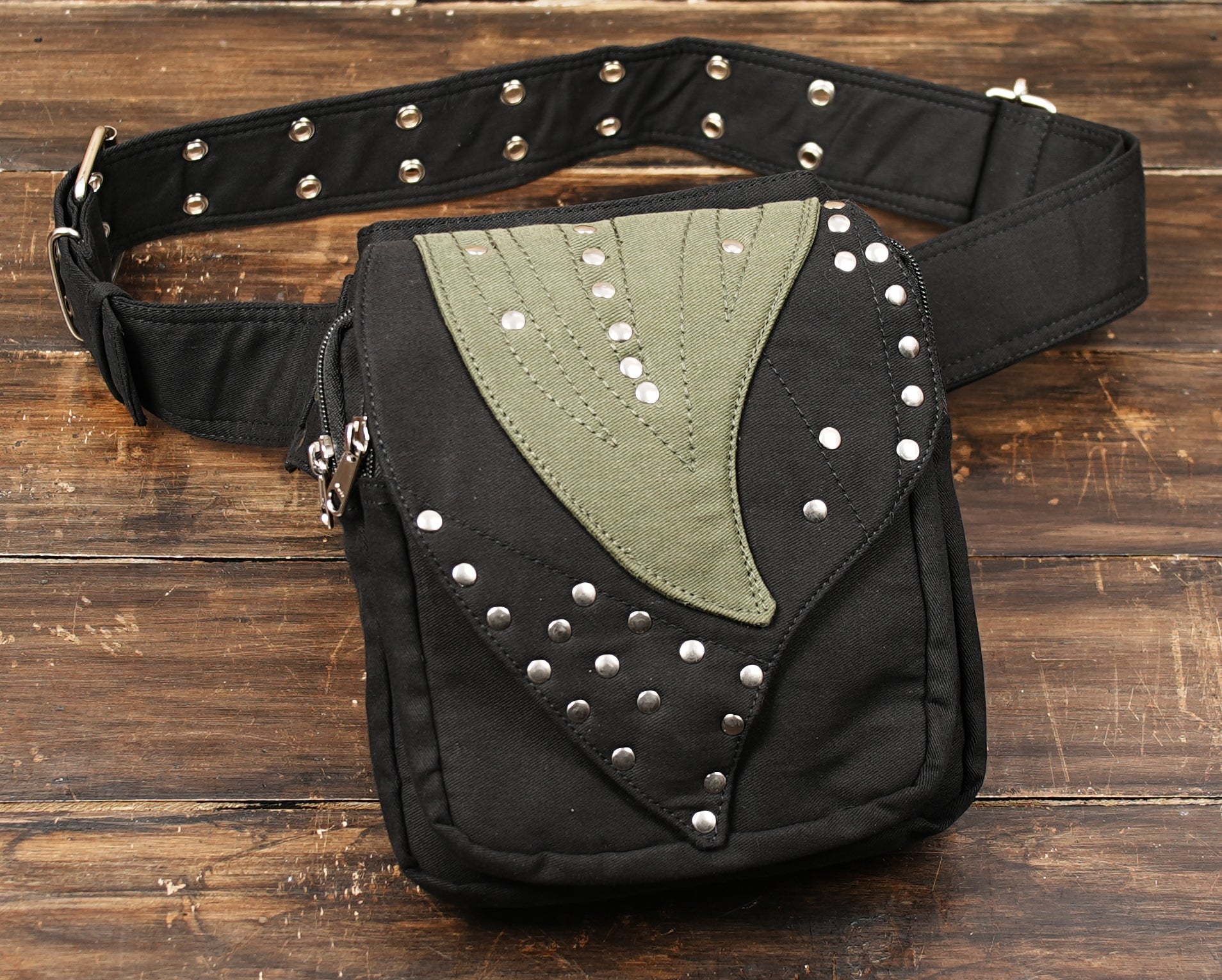 Edgy cotton waist bag with gothic rivet accents