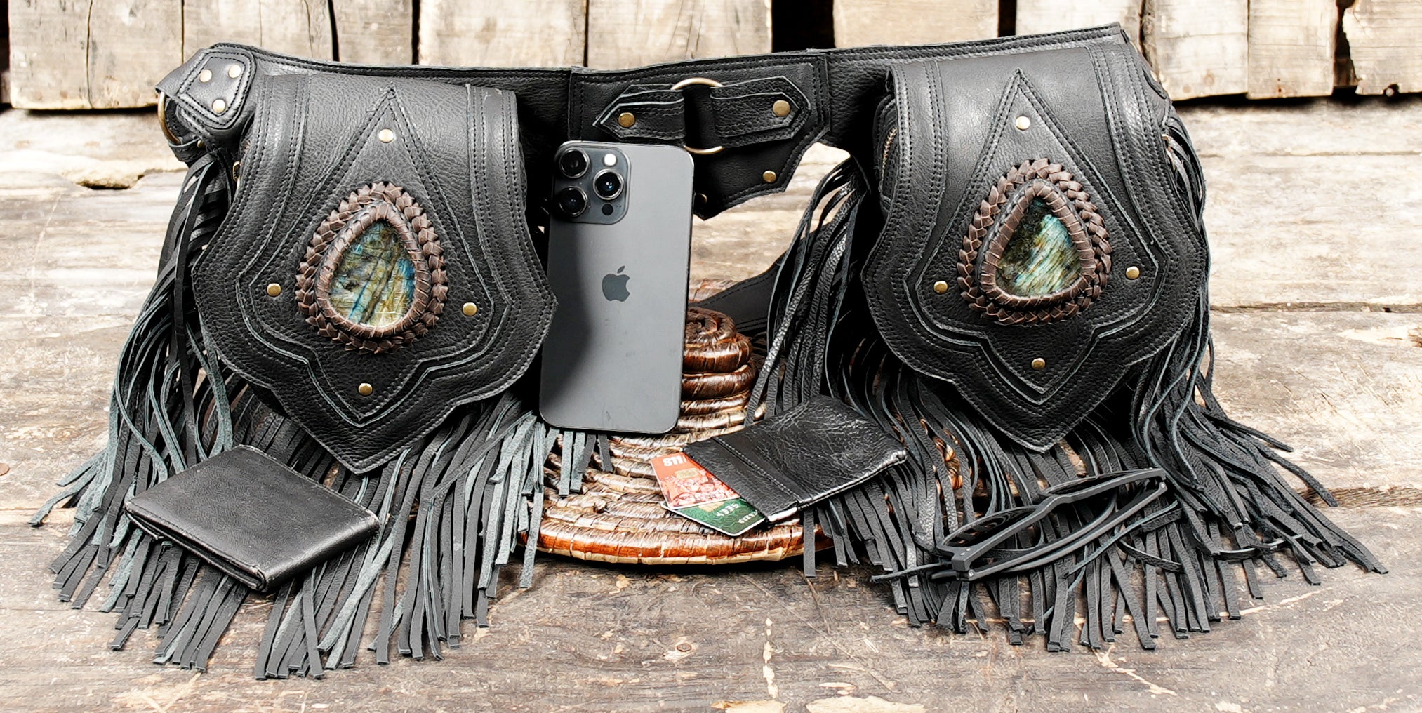 Black leather waist pouch belt handmade for festivals