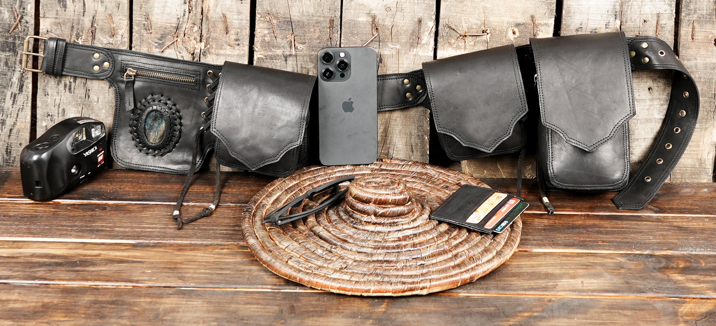 Bohemian handmade leather bag with gemstone centerpiece