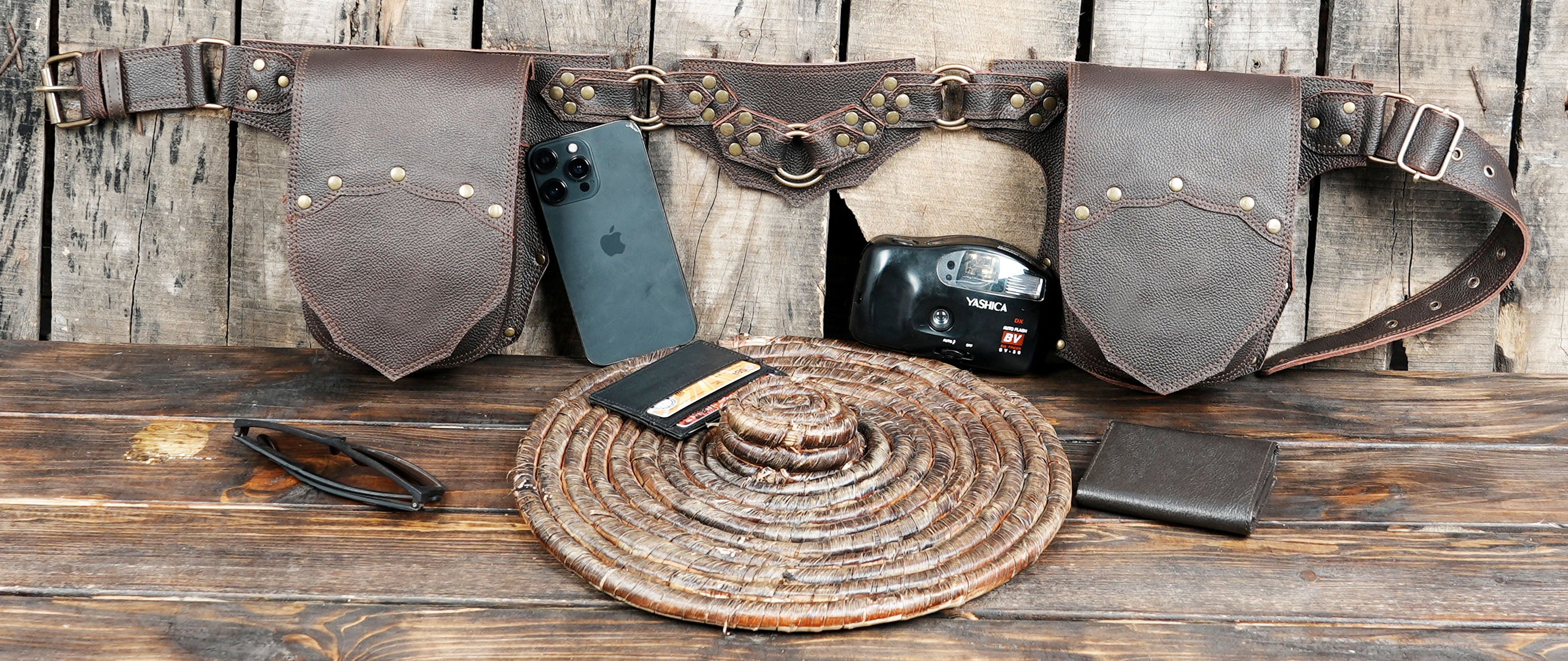 Leather belt pouch with double pockets and antique finish