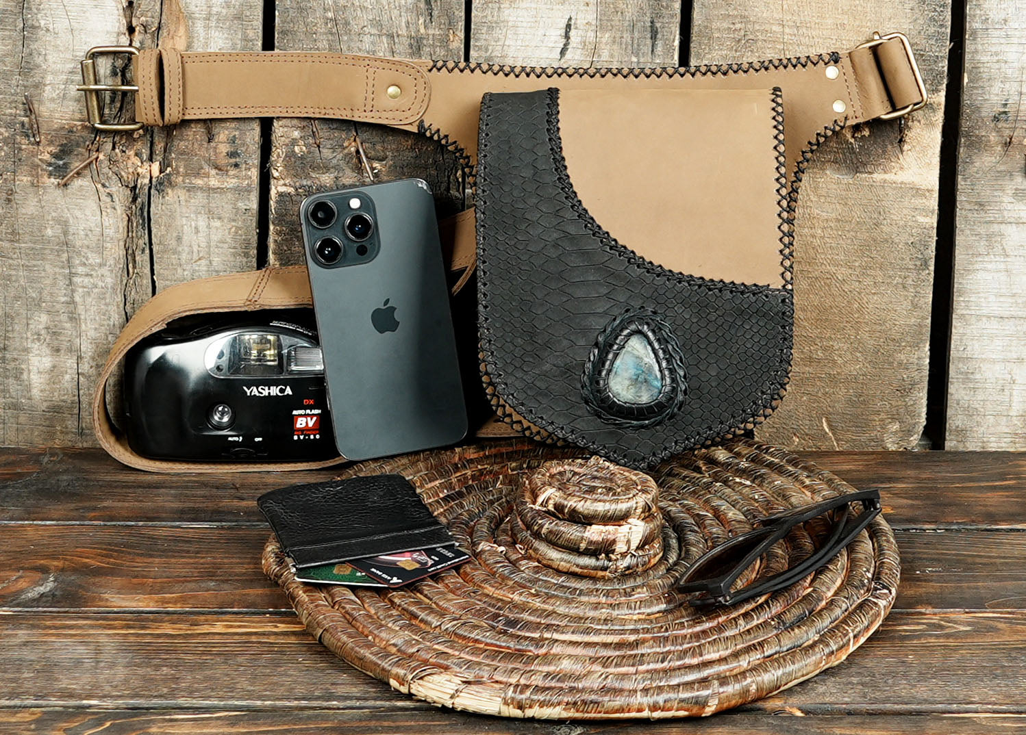 A unique festival hip bag perfect for Burning Man, steampunk, boho, cosplay, and gothic fashion.