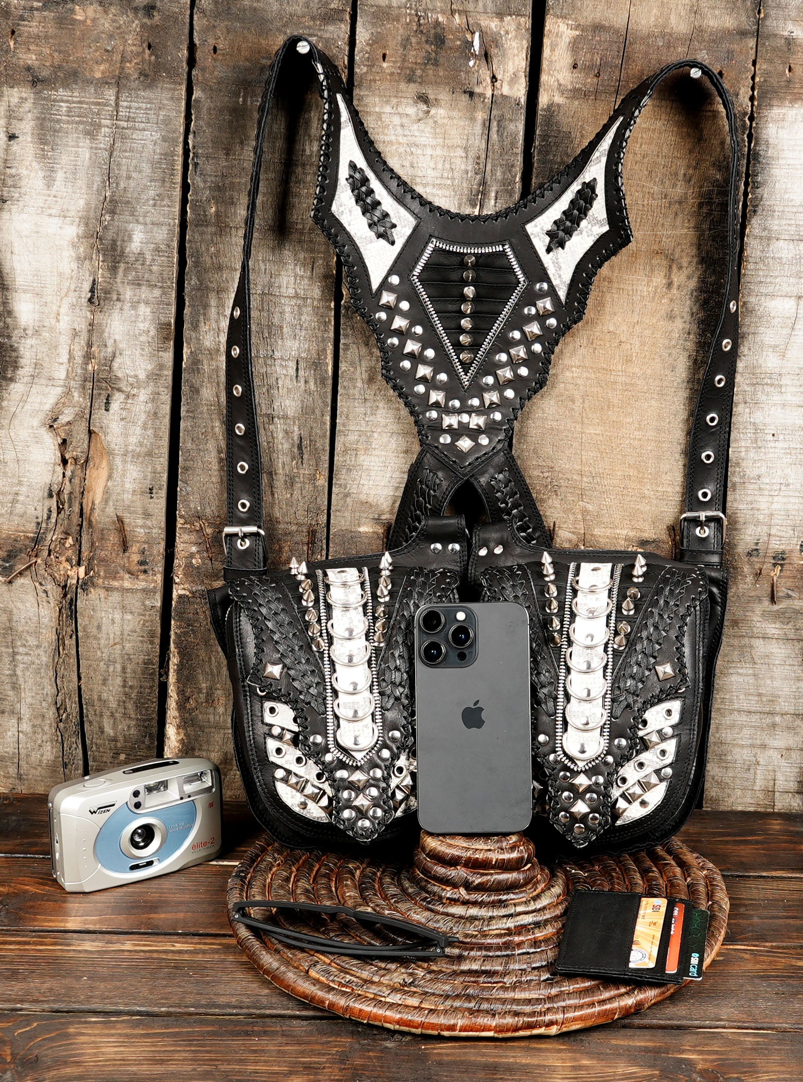 handcrafted leather cosplay holster bag with studs