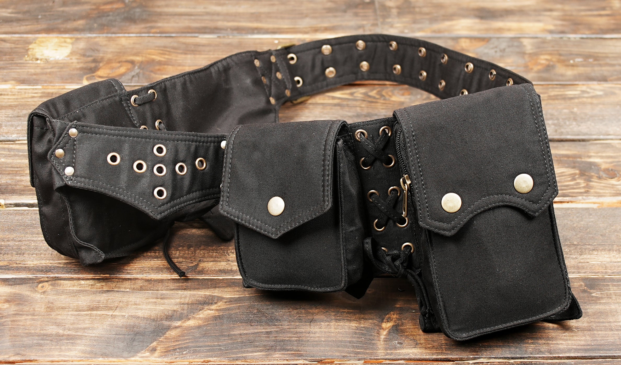 Black leather utility pouch belt for festivals and travel