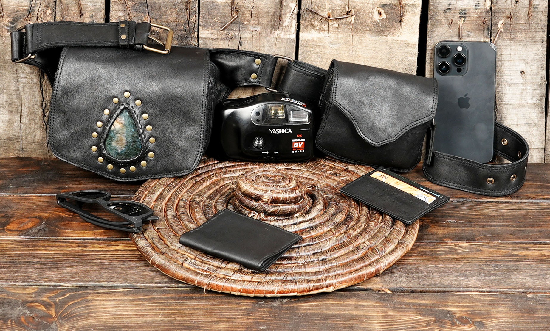 Festival Utility Belt -Hip Bag -Pocket Belt with LABRADORITE Leather Accessories with metal fitting 