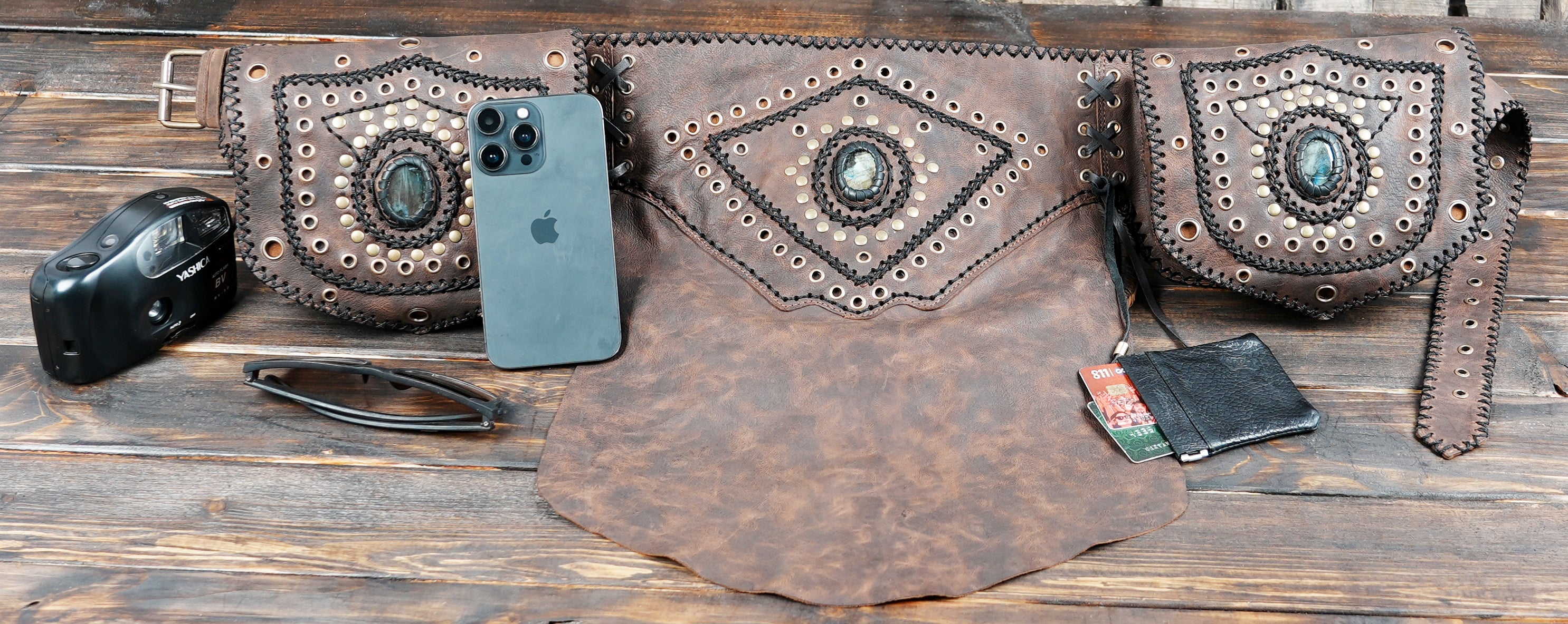 Gothic steampunk waist belt with storage pockets