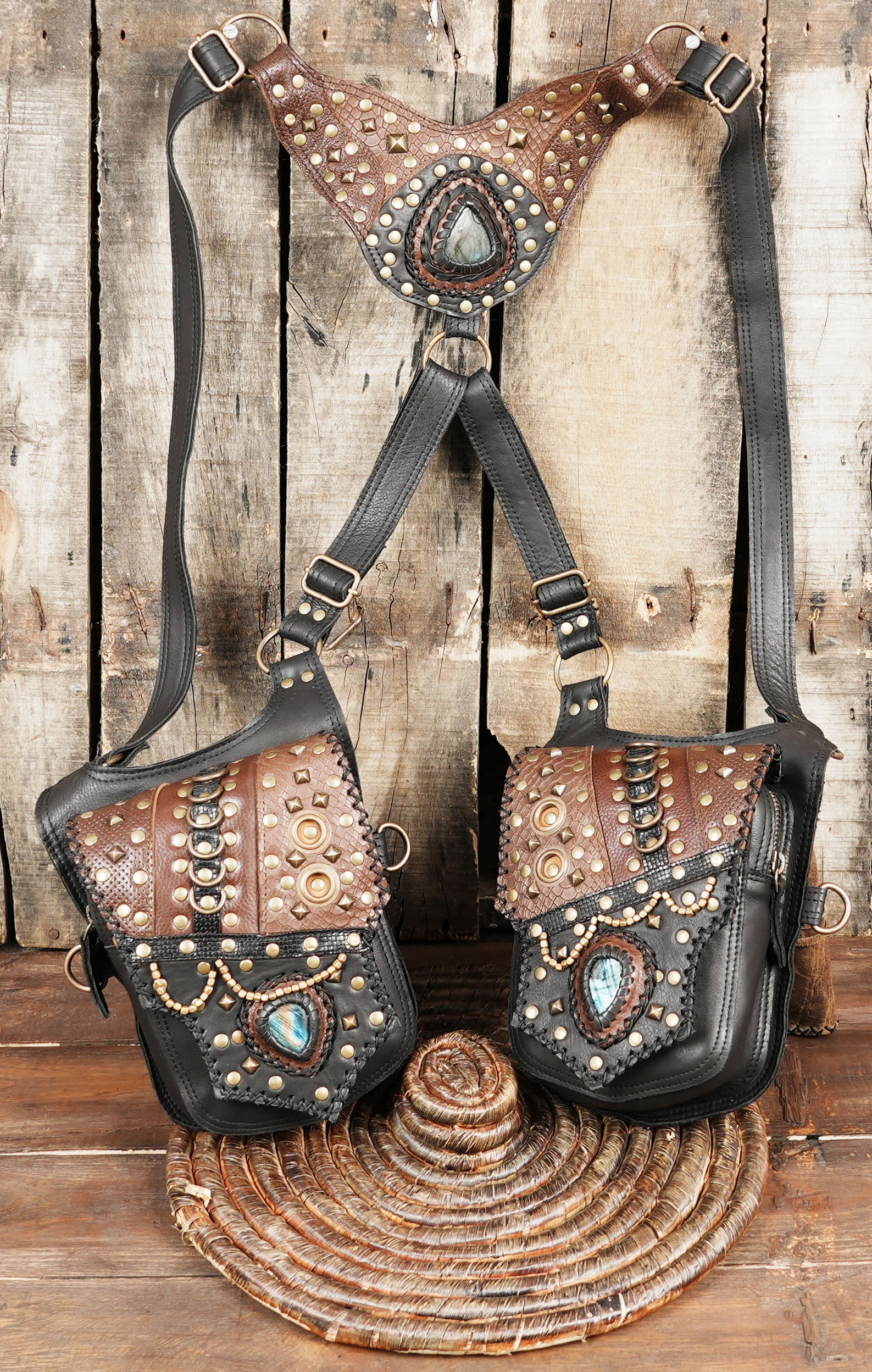 Handmade Leather Holster Belt with Dual Utility Pouches, Steampunk Festival Leather Harness Belt with Gemstone Design, Burning Man Holster