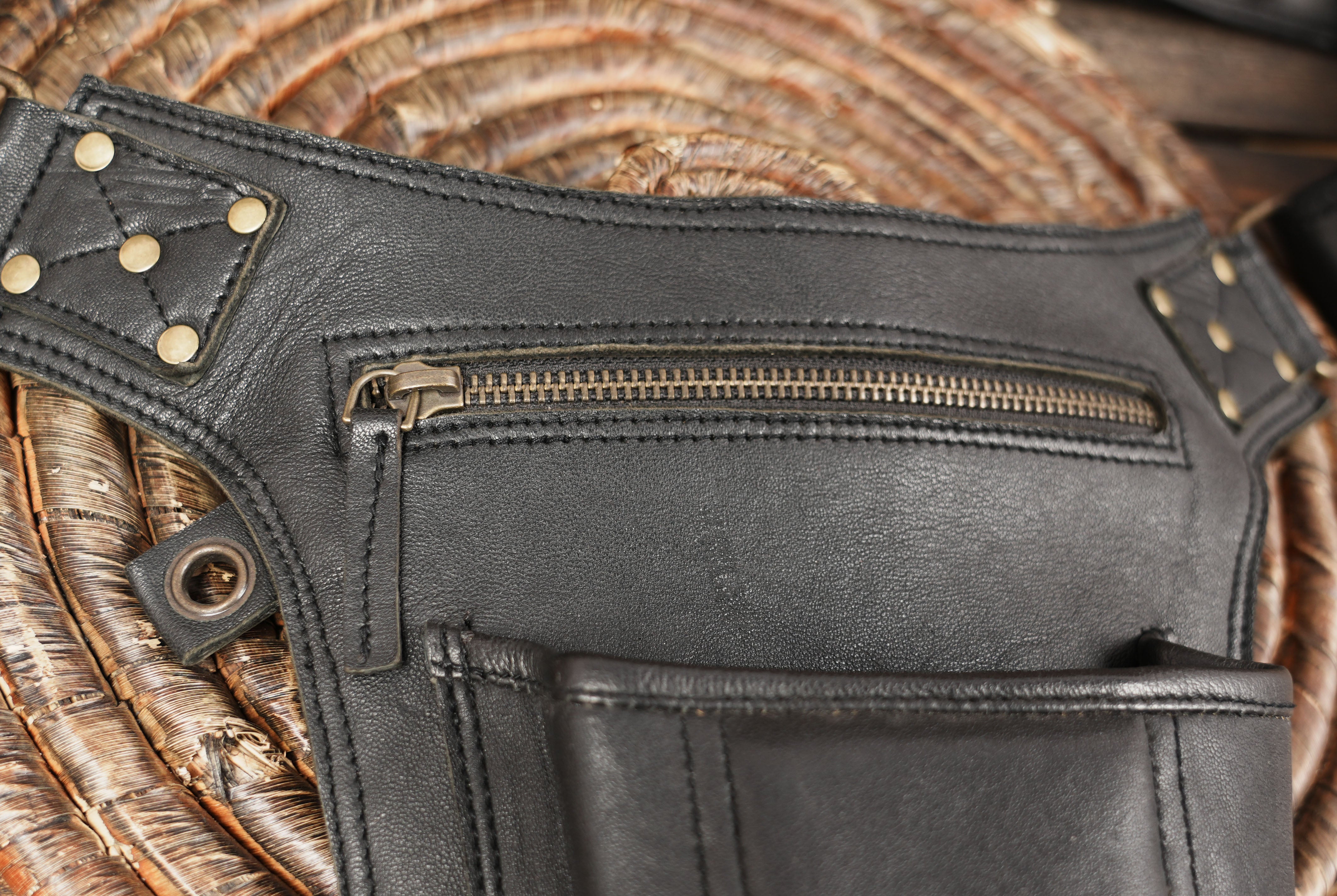 Black leather utility belt with zipper pouch – cosplay, Burning Man, and renaissance fair accessory