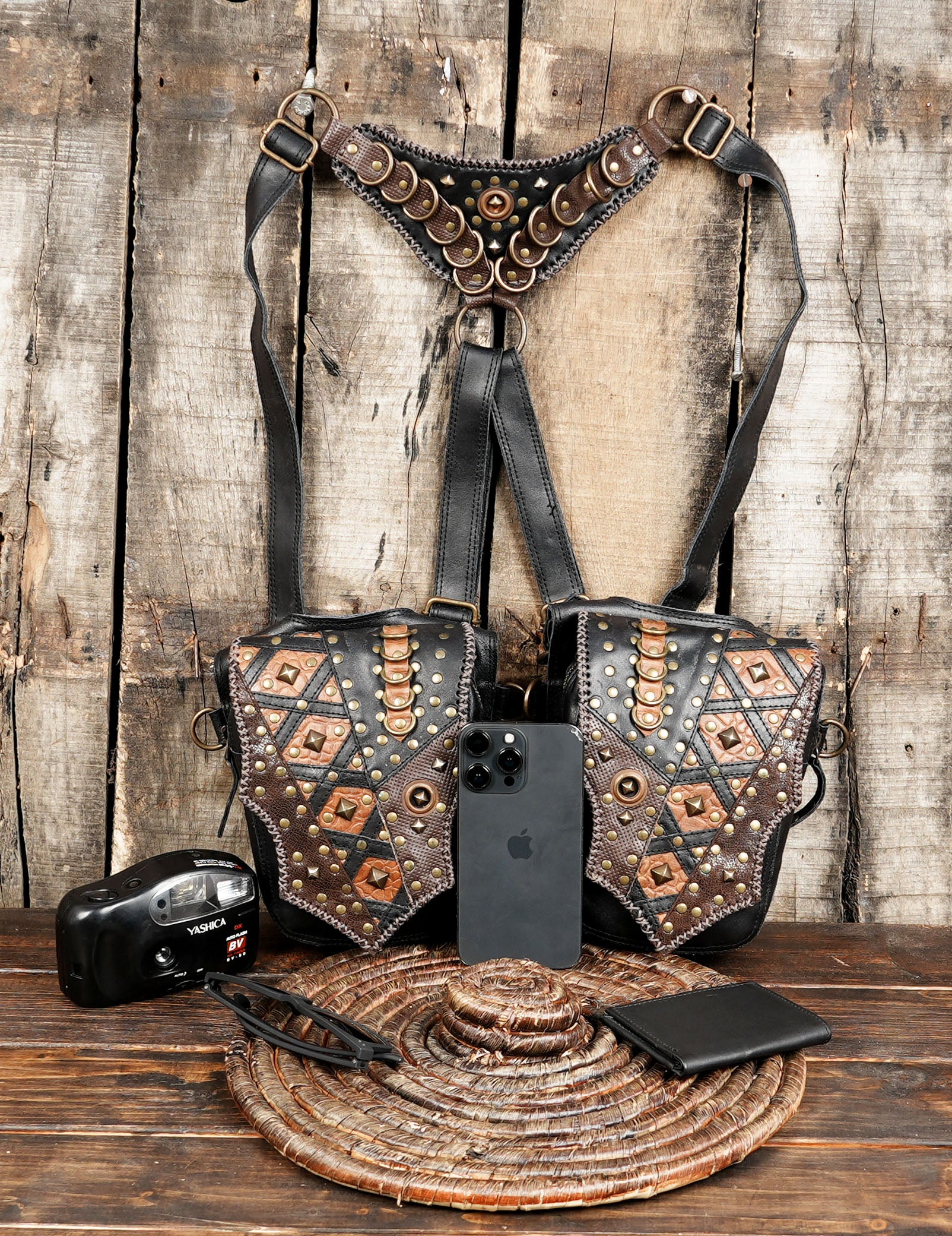 Dual pocket handmade leather shoulder holster with brass studs with two pouches storage 