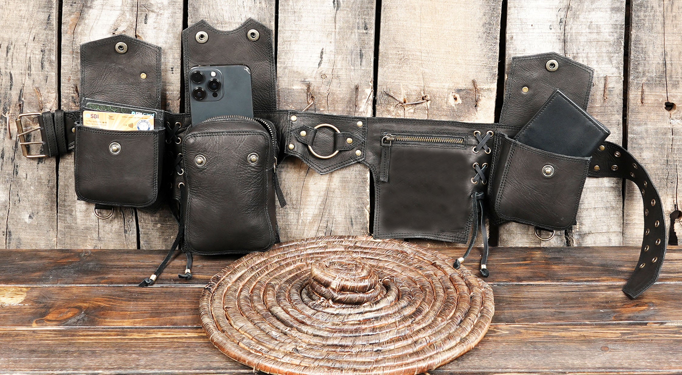 Western steampunk-style black leather hip bag