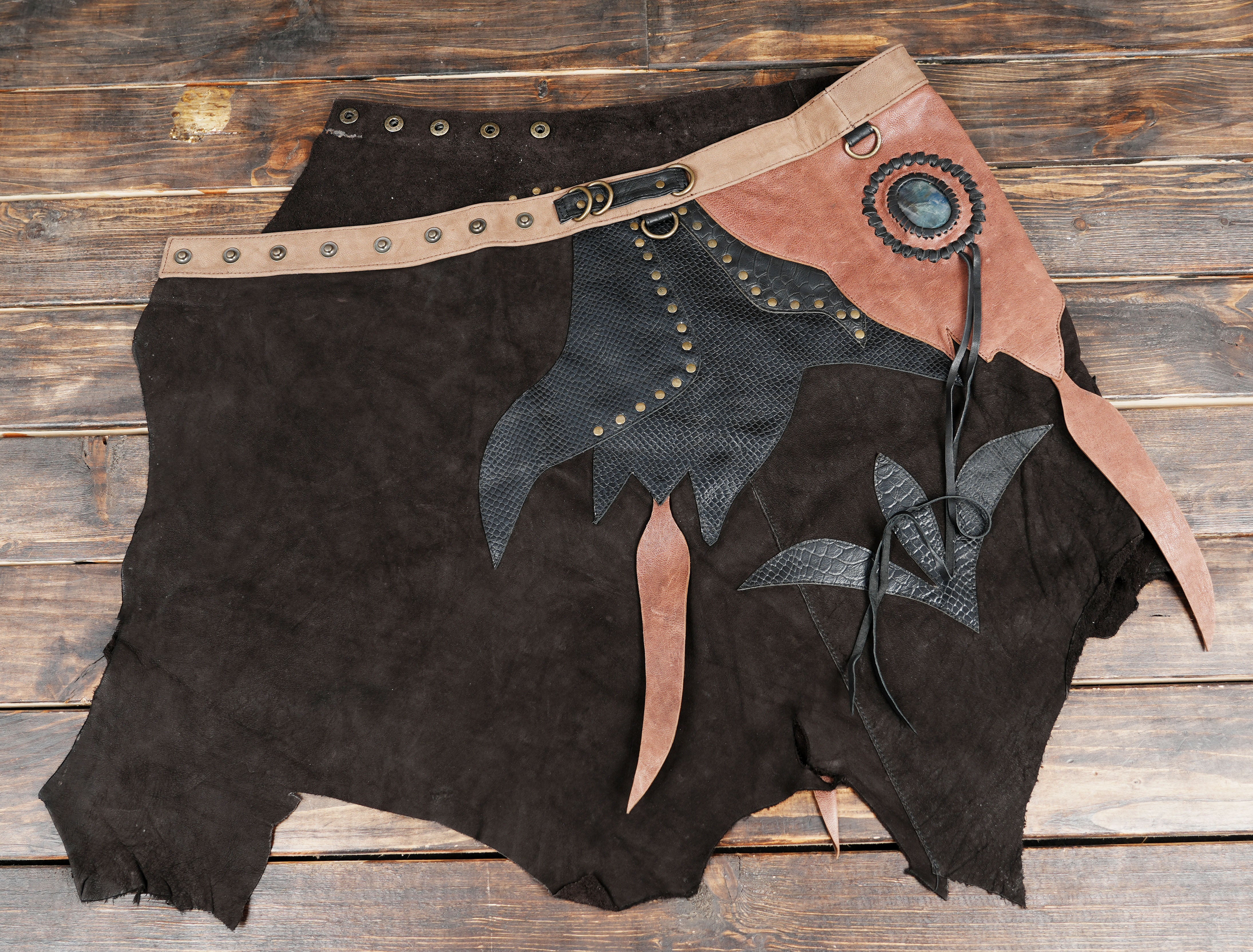 Gothic fantasy leather skirt belt with textured black panels