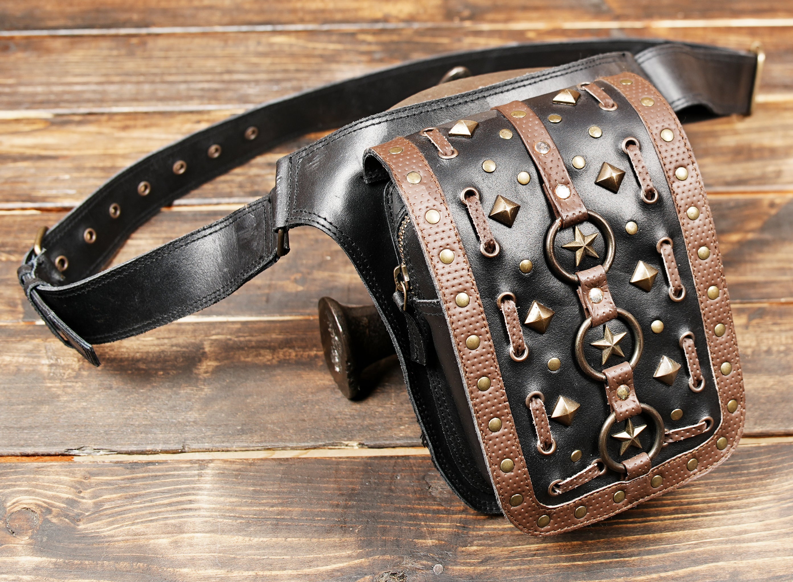 Leather steampunk belt bag worn on men’s waist