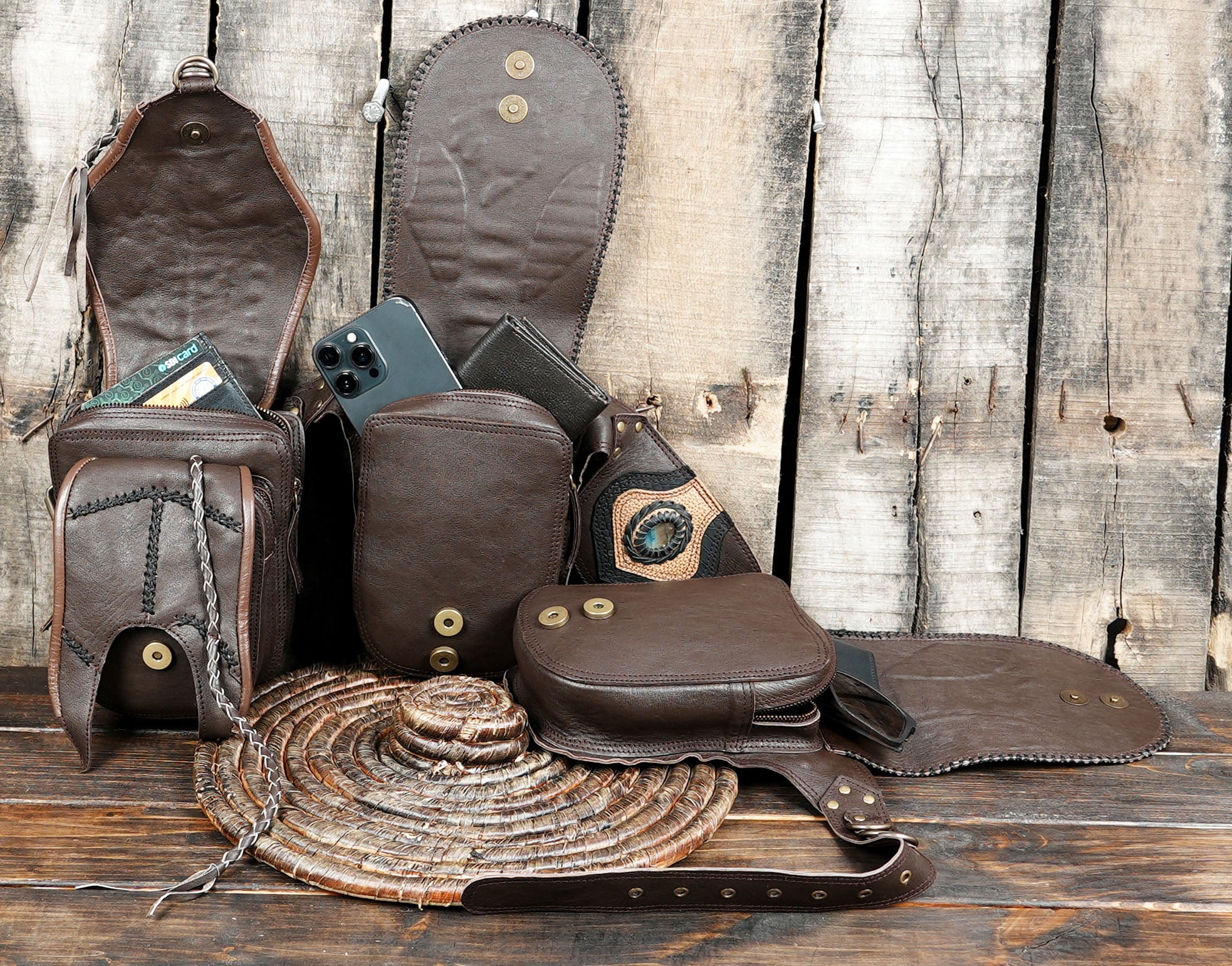 Unique artisan leather belt pouch with gemstone and layered textures