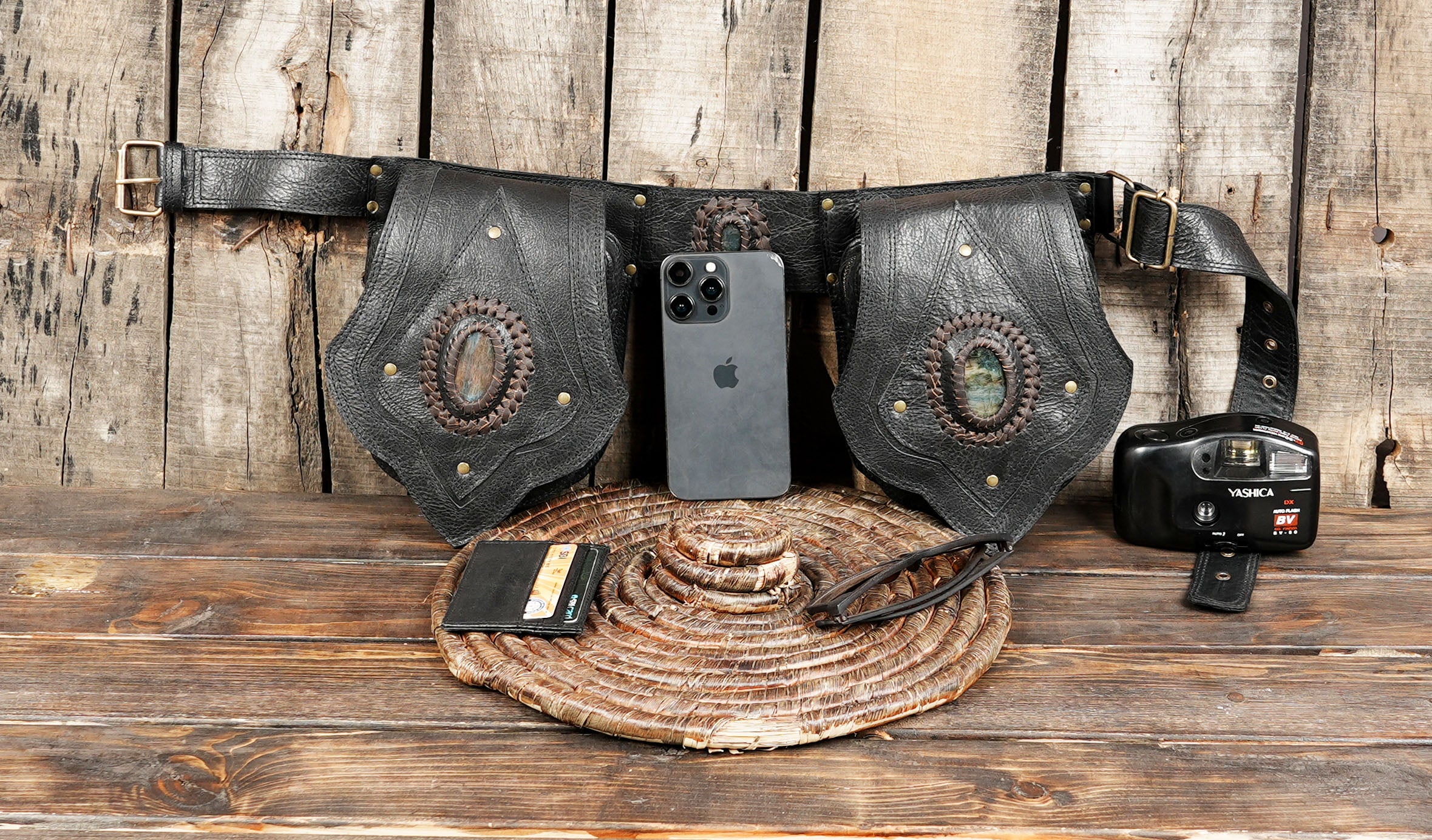Brown Tribal Leather Waist Belt with labradorite gemstone – Gothic Boho Hip Bag with Stone Accents  (LT-AB-WB-6080)