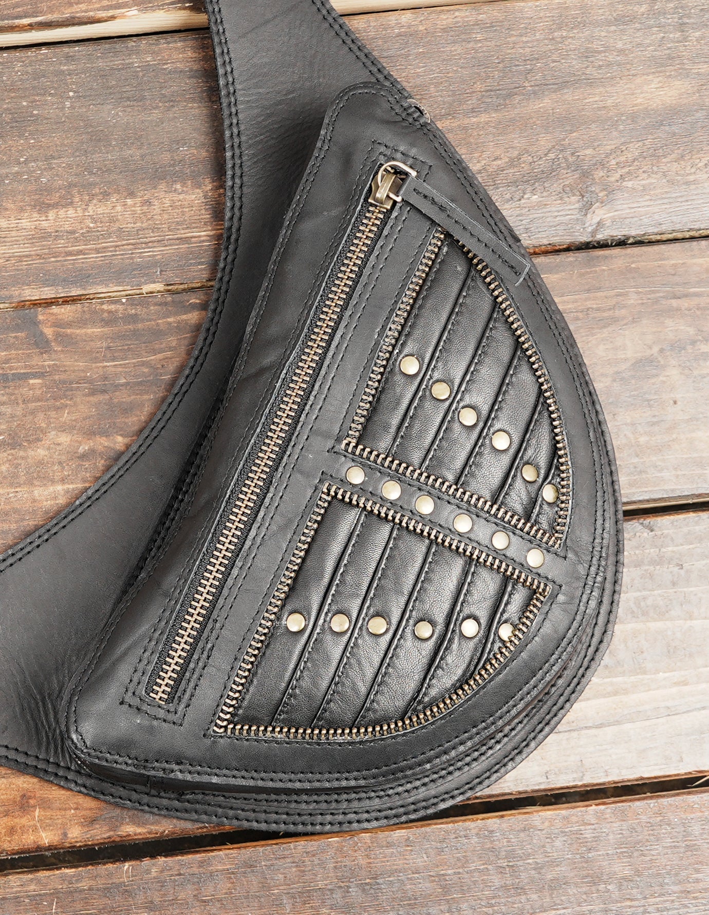 Gothic leather body holster bag with studs and adjustable buckles