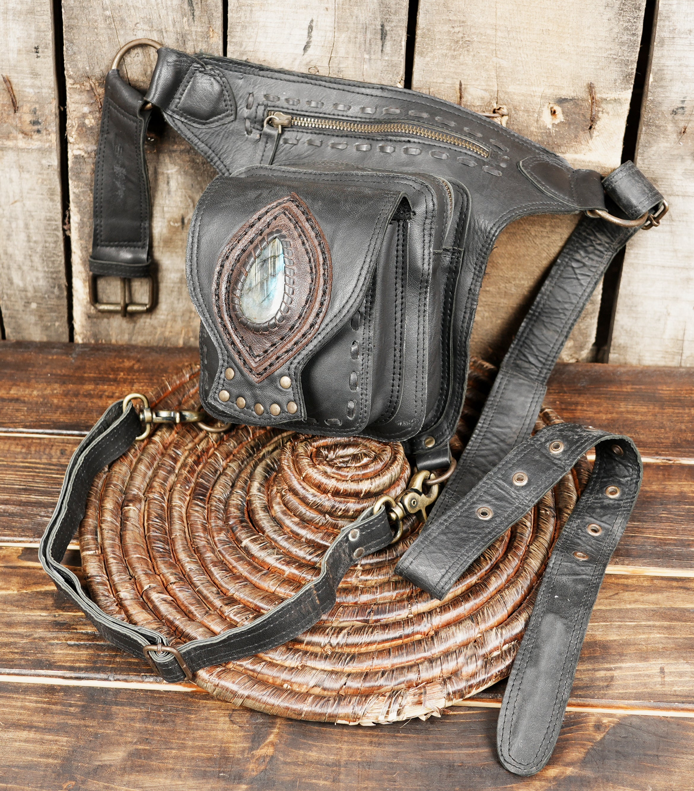 Festival waist bag in black leather with labradorite gemstone detail
