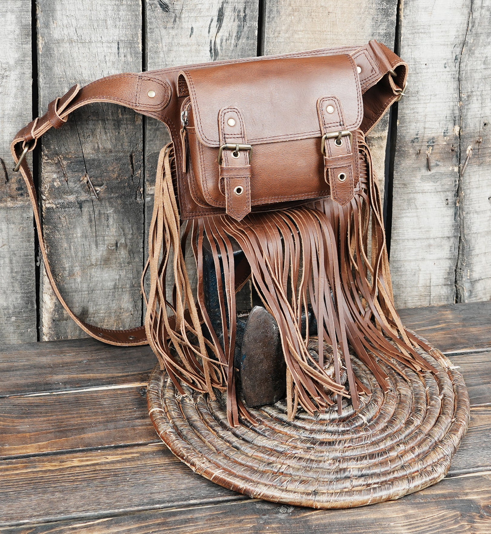 Handmade bohemian leather fanny belt with buckle and fringe
