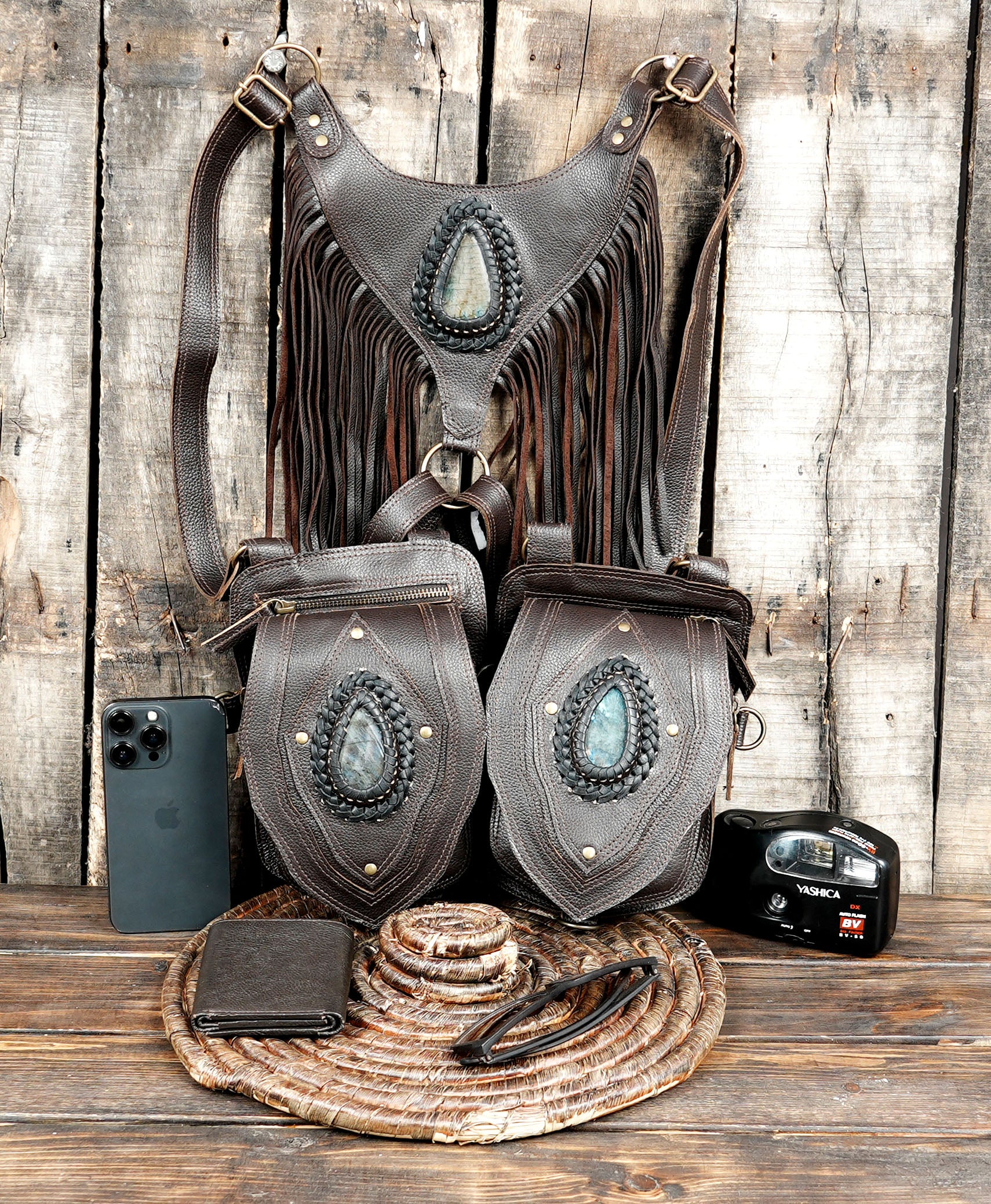 Handmade tribal brown leather holster with gemstone accent