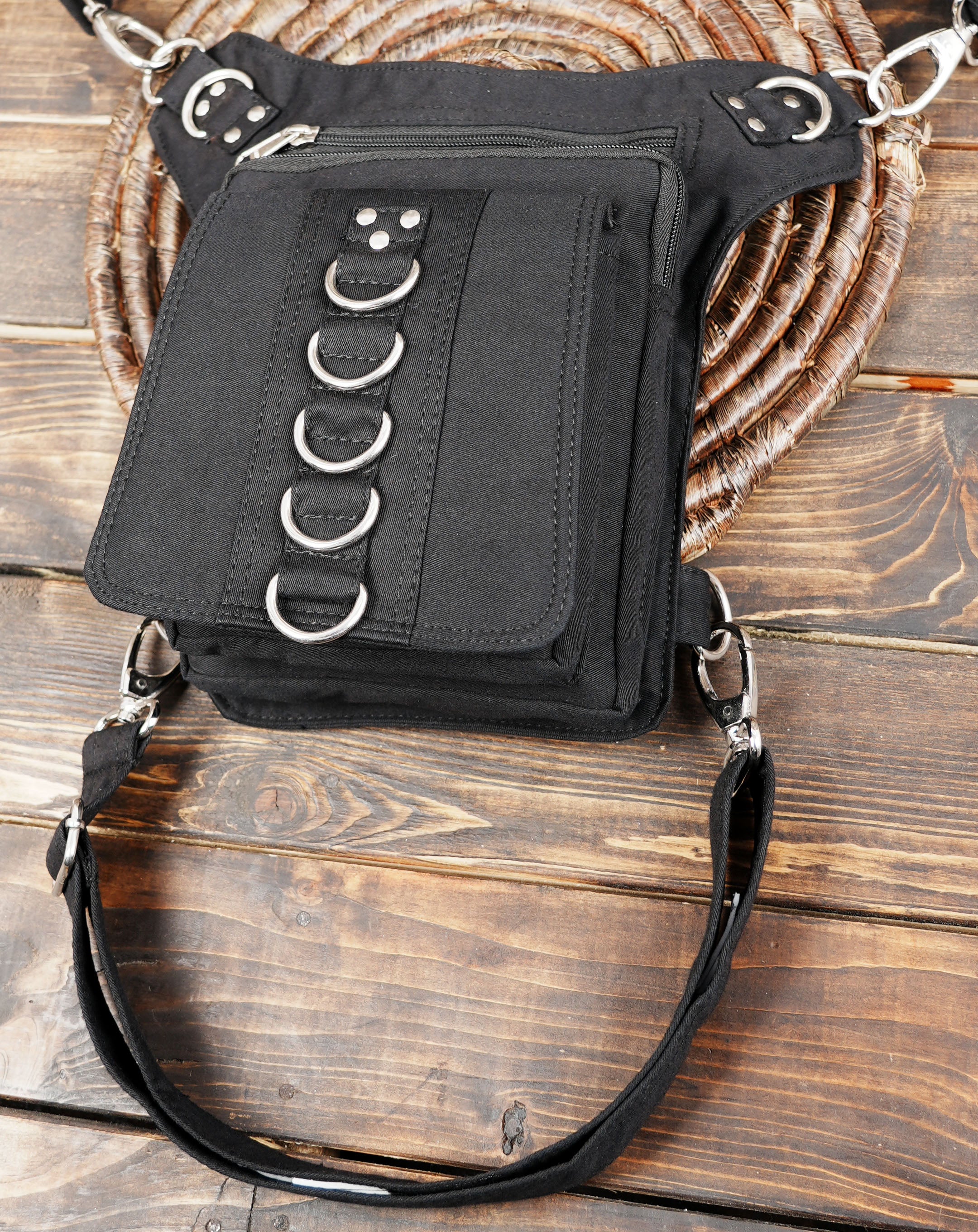 Cotton utility hip bag with D-rings and zippered storage pockets