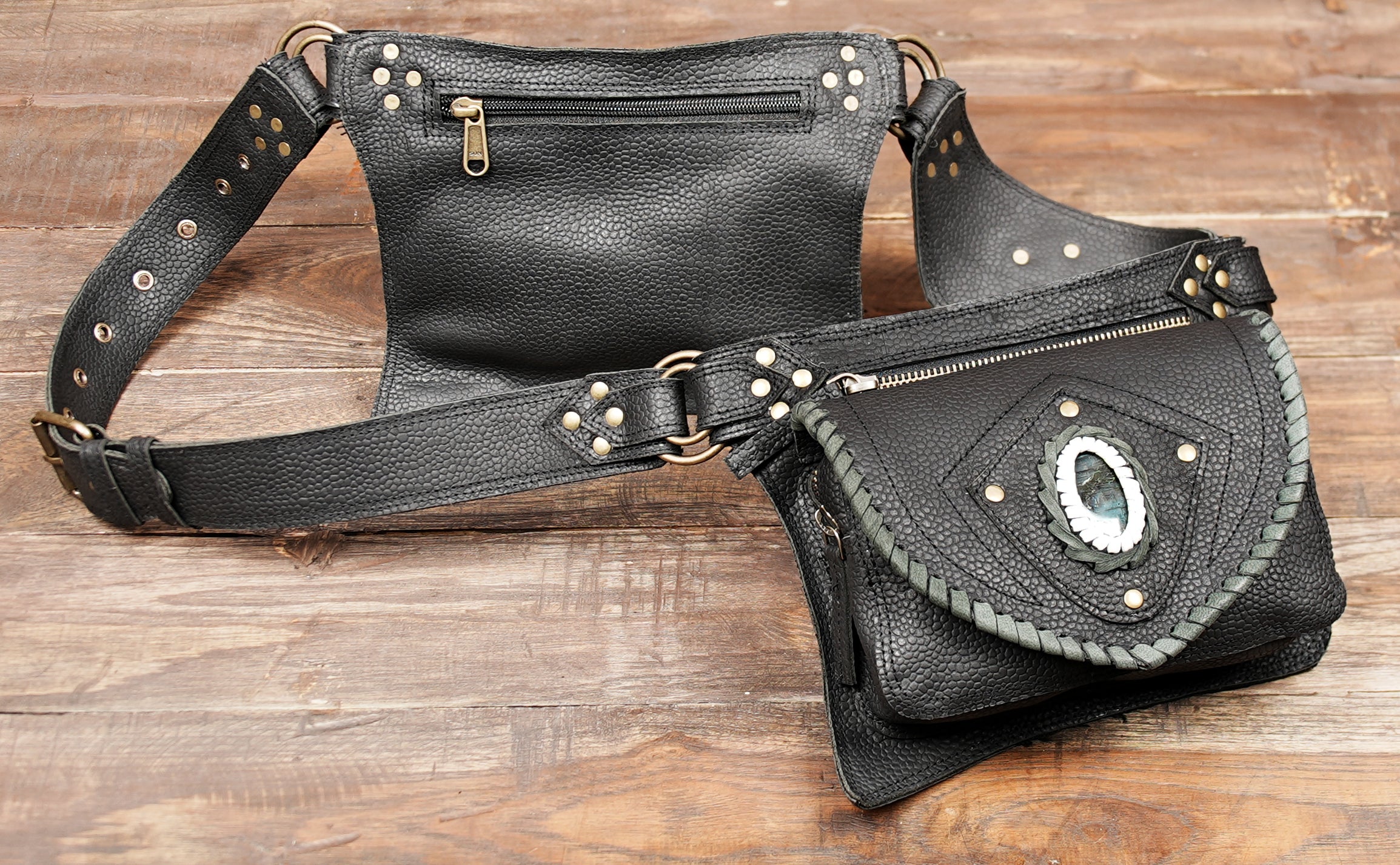 Buy Handmade Black Leather Belt Bag: Gemstone Fanny Pack