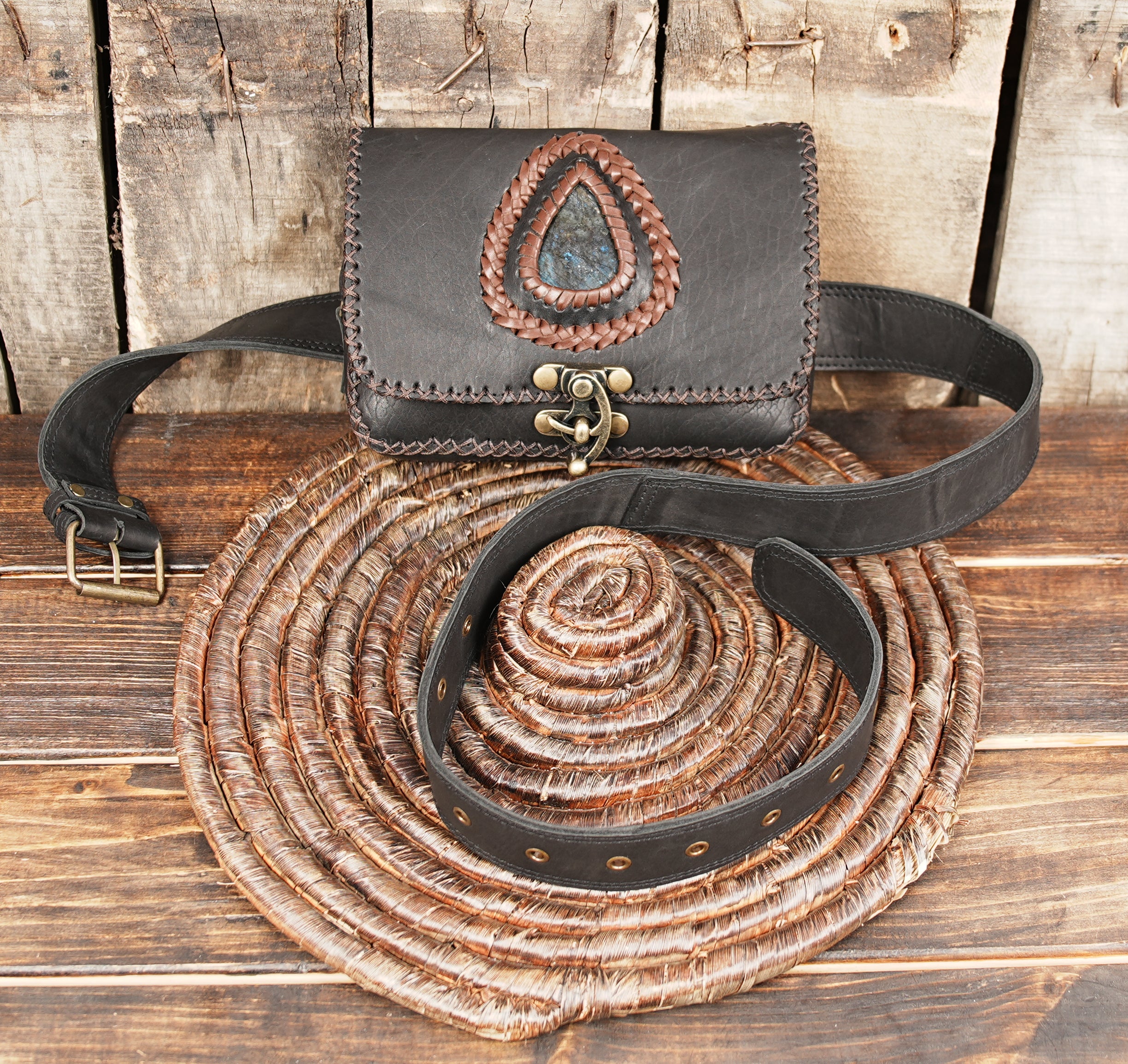 Unique gemstone-embedded leather fanny pack made in USA
