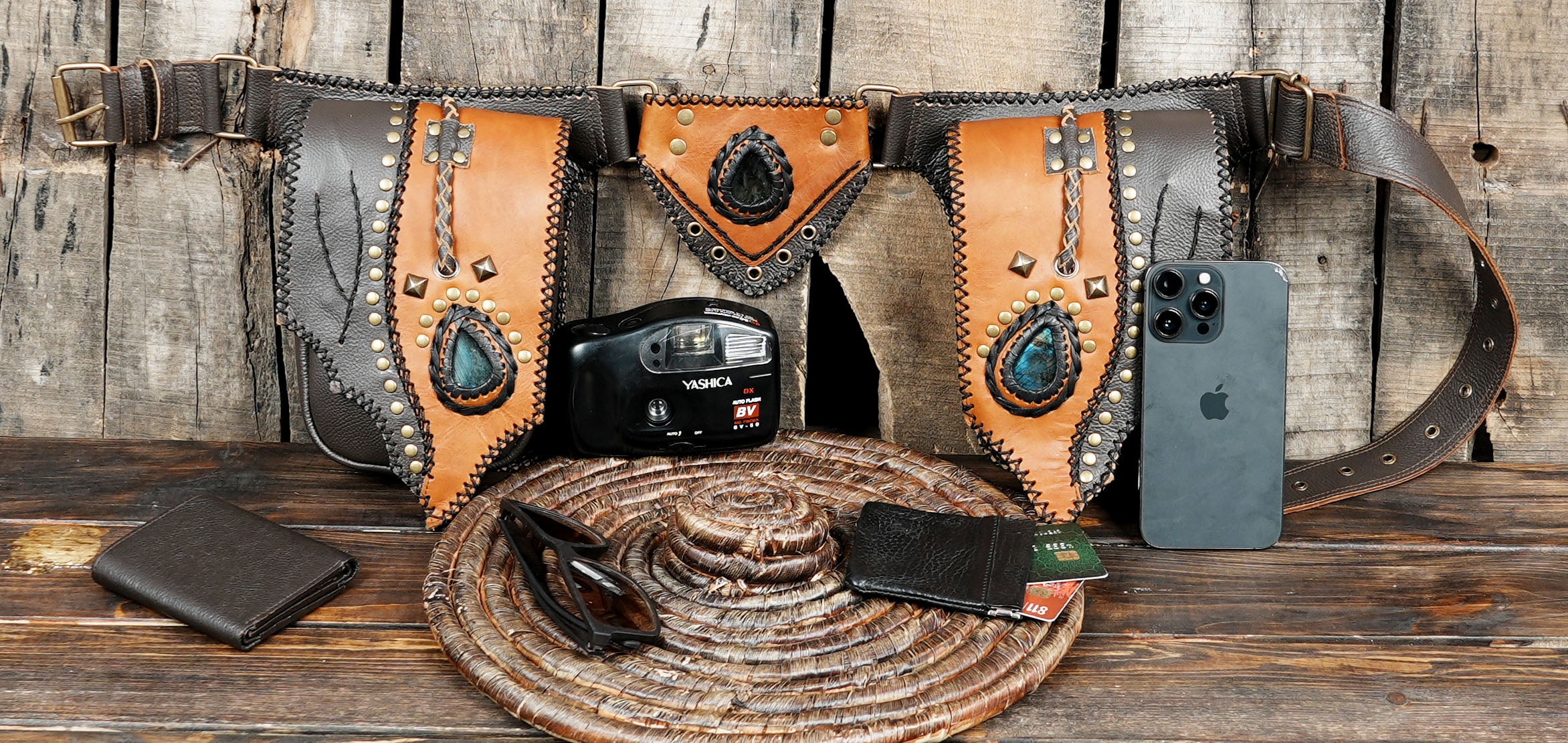 Bohemian Leather Belt Bag: Gemstone Accent, Unisex Festival Waist Bag with brown and black  color 