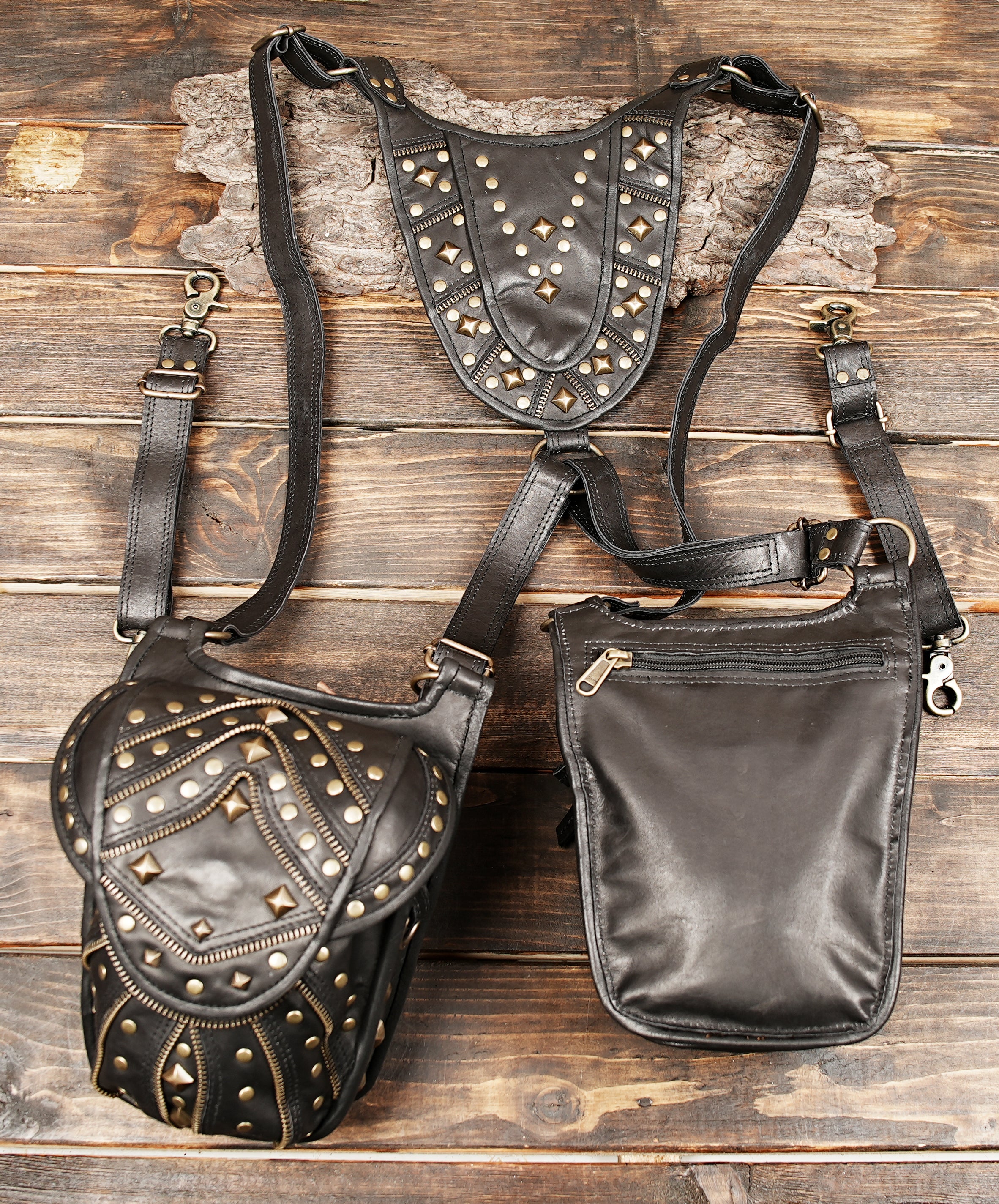 Front and back view of handmade leather utility holster bag