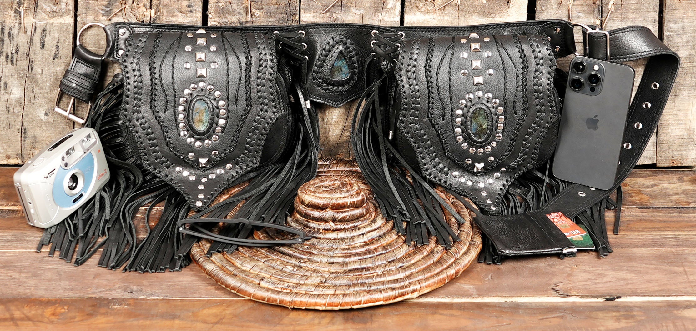 Rock concert leather hip bag with gemstone detailing with gemstone 
