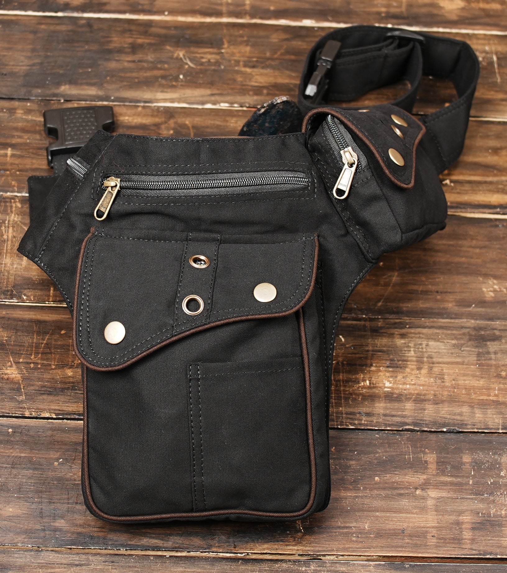 Adjustable leather belt bag styled for steampunk fashion