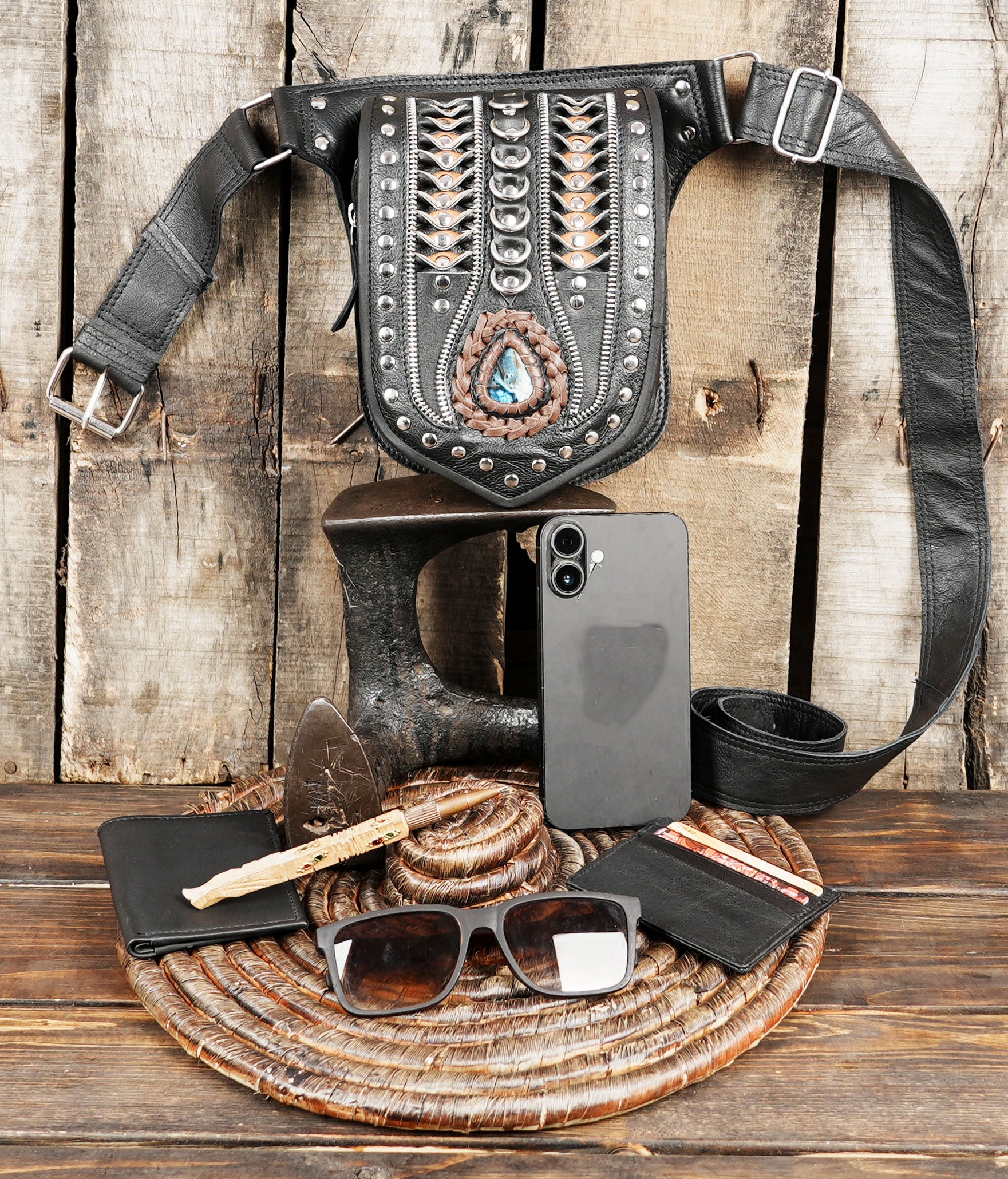 Handmade Leather Belt Bag: Gemstone Accent, Festival Fanny Pack