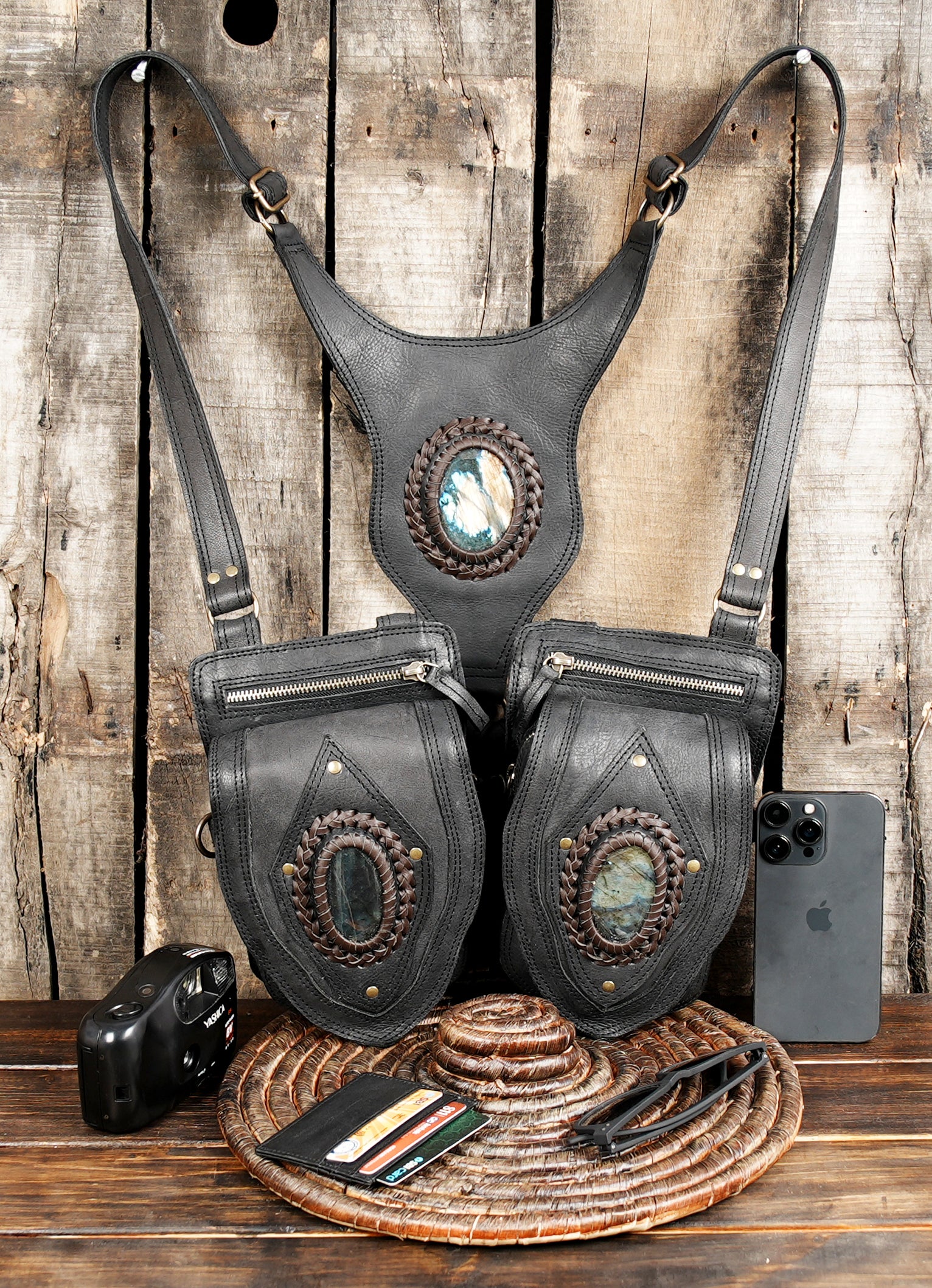 Steampunk fashion accessory – handmade black leather harness bag.