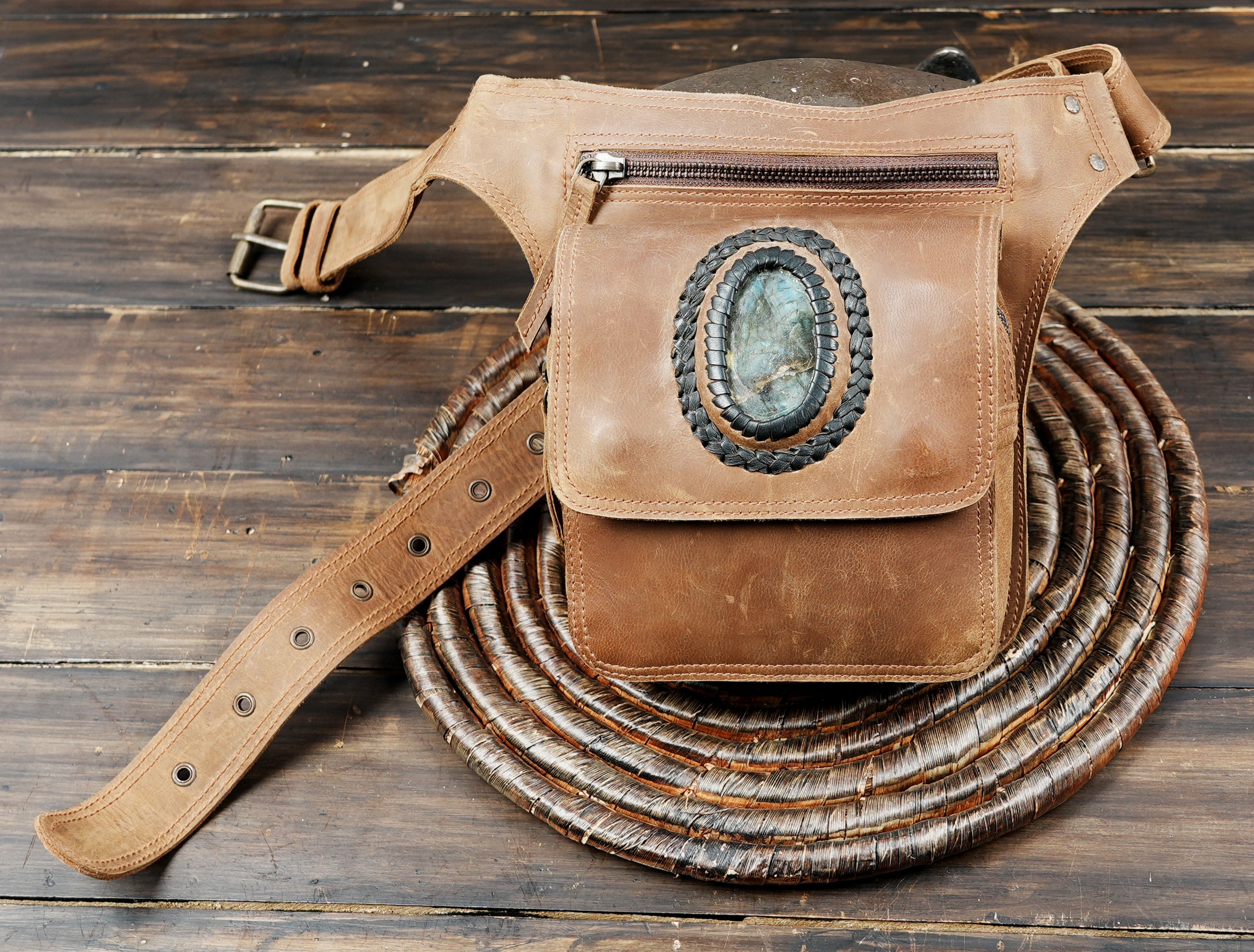 Handmade artisan leather waist pouch with bohemian gemstone design