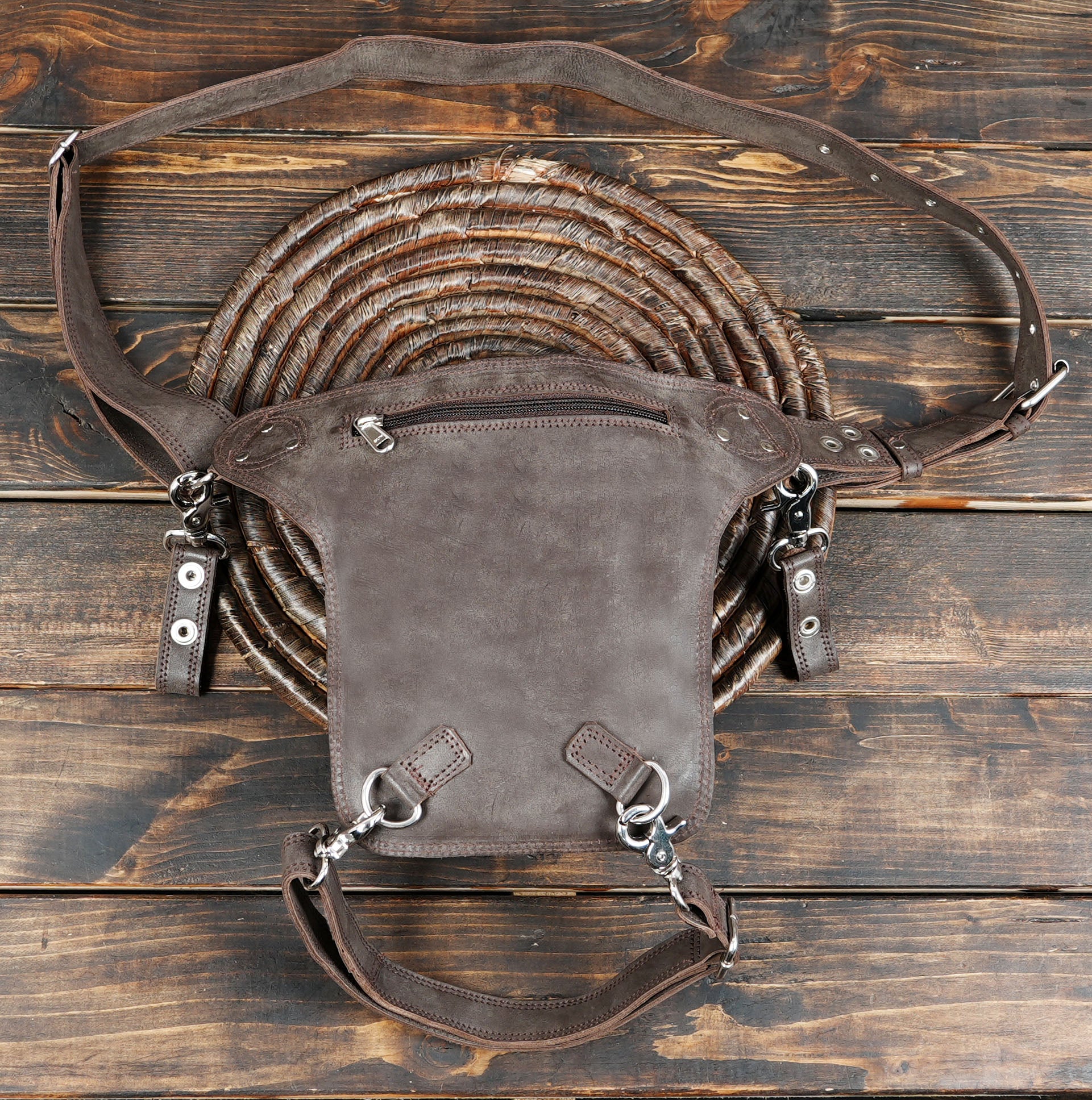 Handmade leather waist pouch with gemstone and tribal stitching