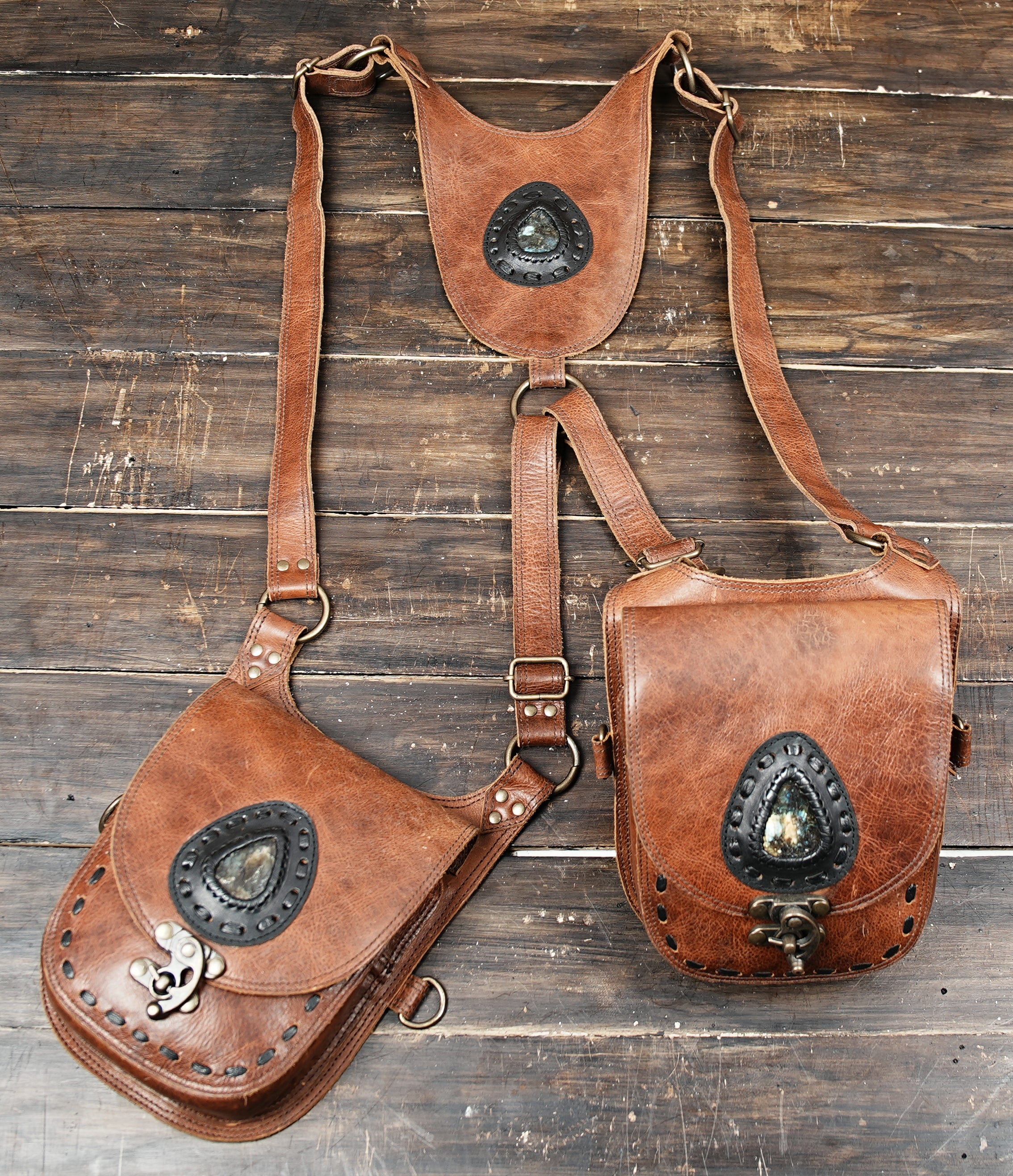 Handmade Leather Holster Bags, Vintage Hidden Belts, Mens & Women Pockets - Travel, Festival, with gemstone 