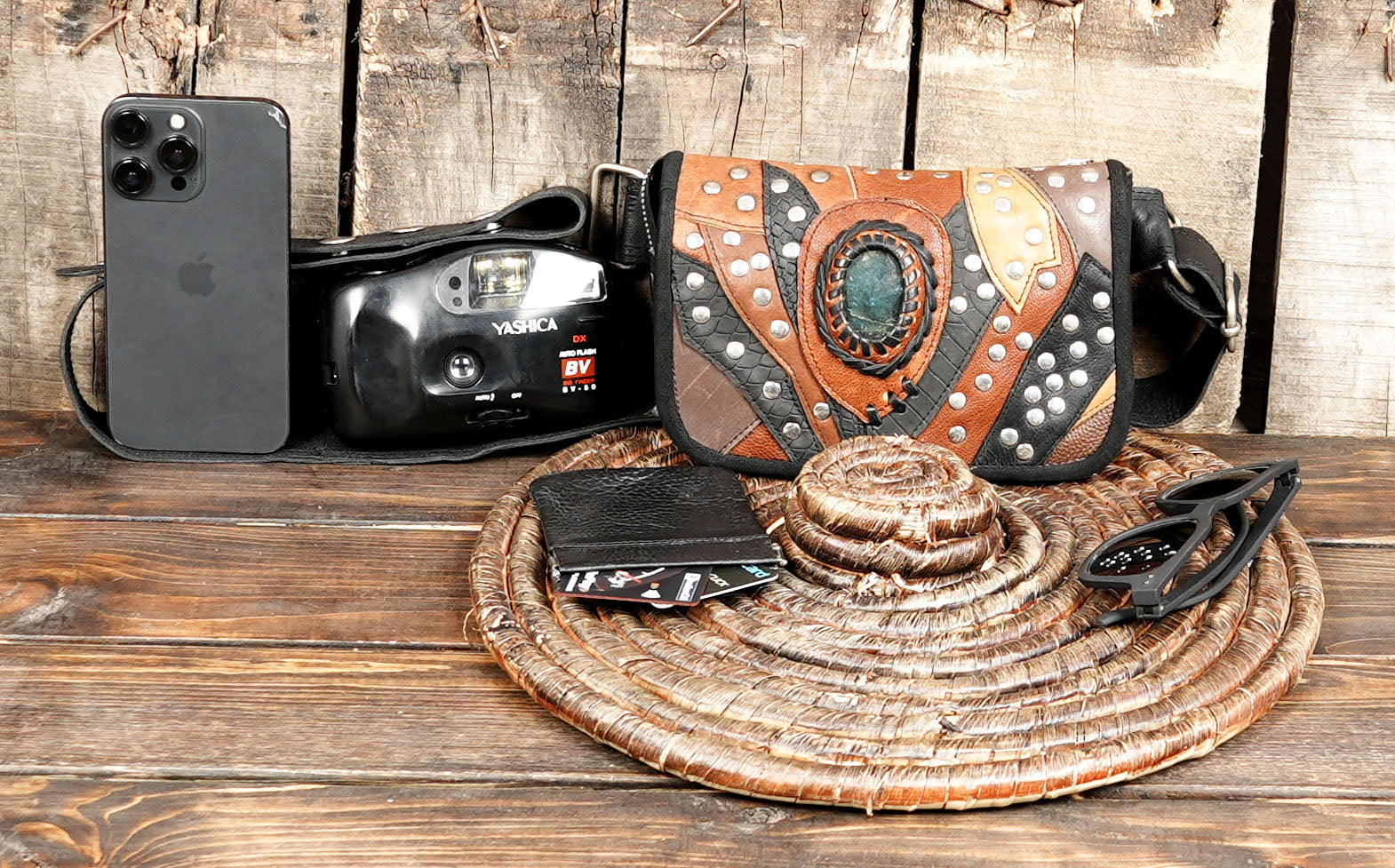 Decorative studs and stitching for a bold look