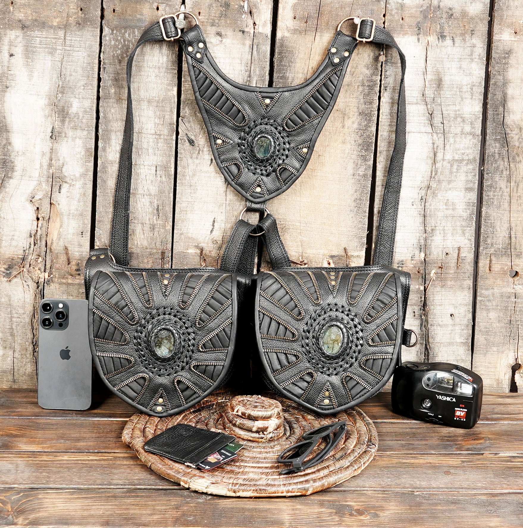 Festival Leather Holster Harness – Sunburst Gemstone Double Bag