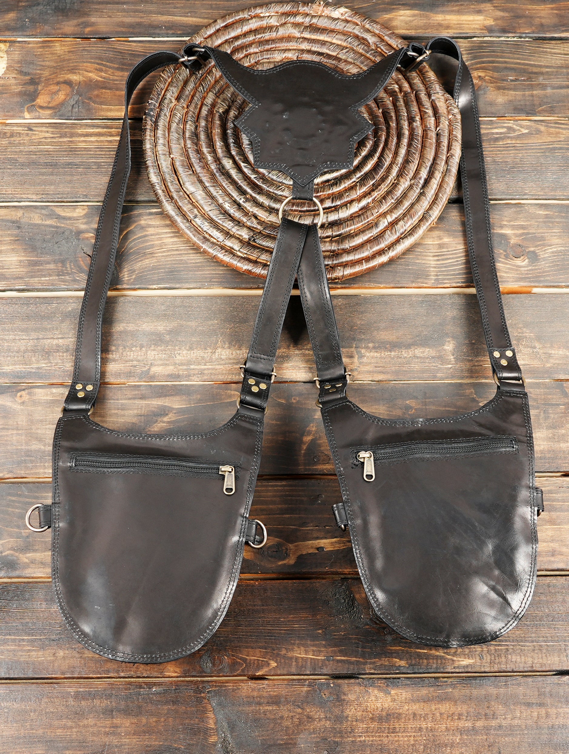 Steampunk-inspired leather harness bag for festivals and bikers