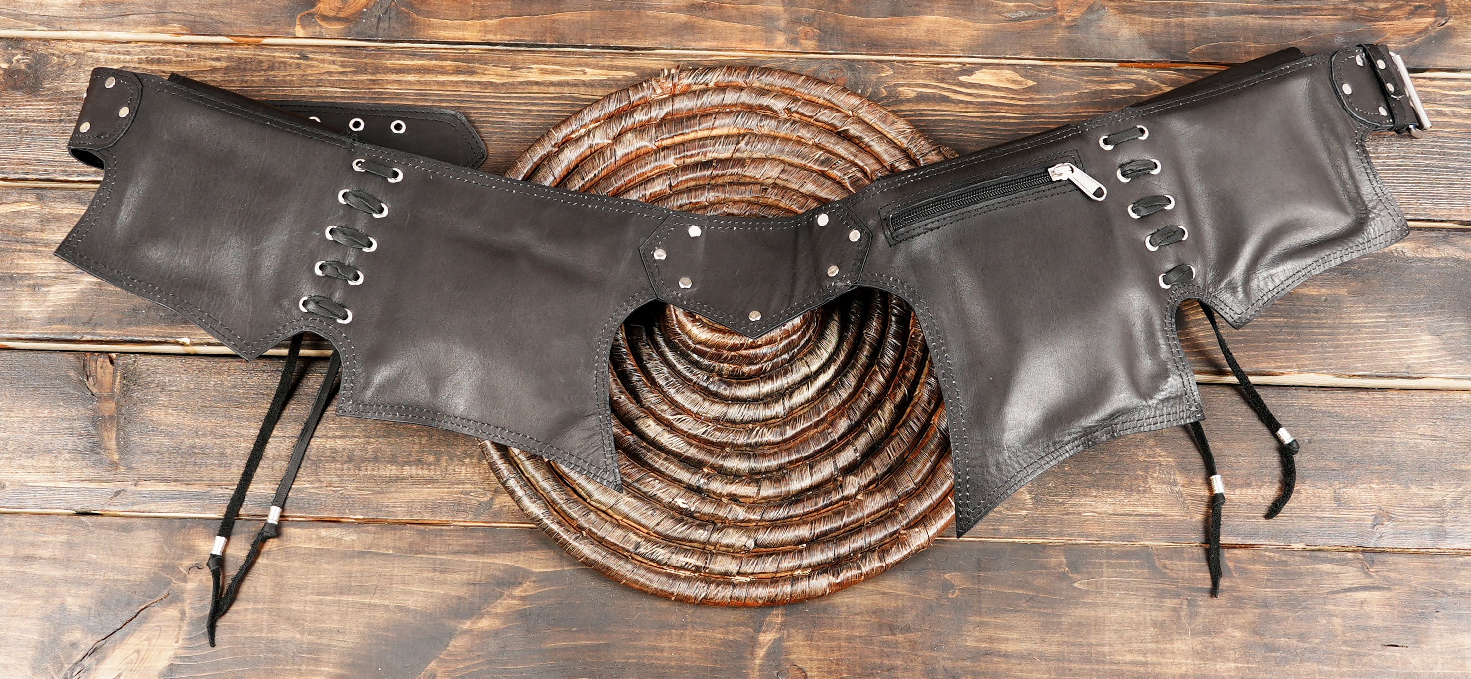 Unisex black leather holster belt for steampunk outfits