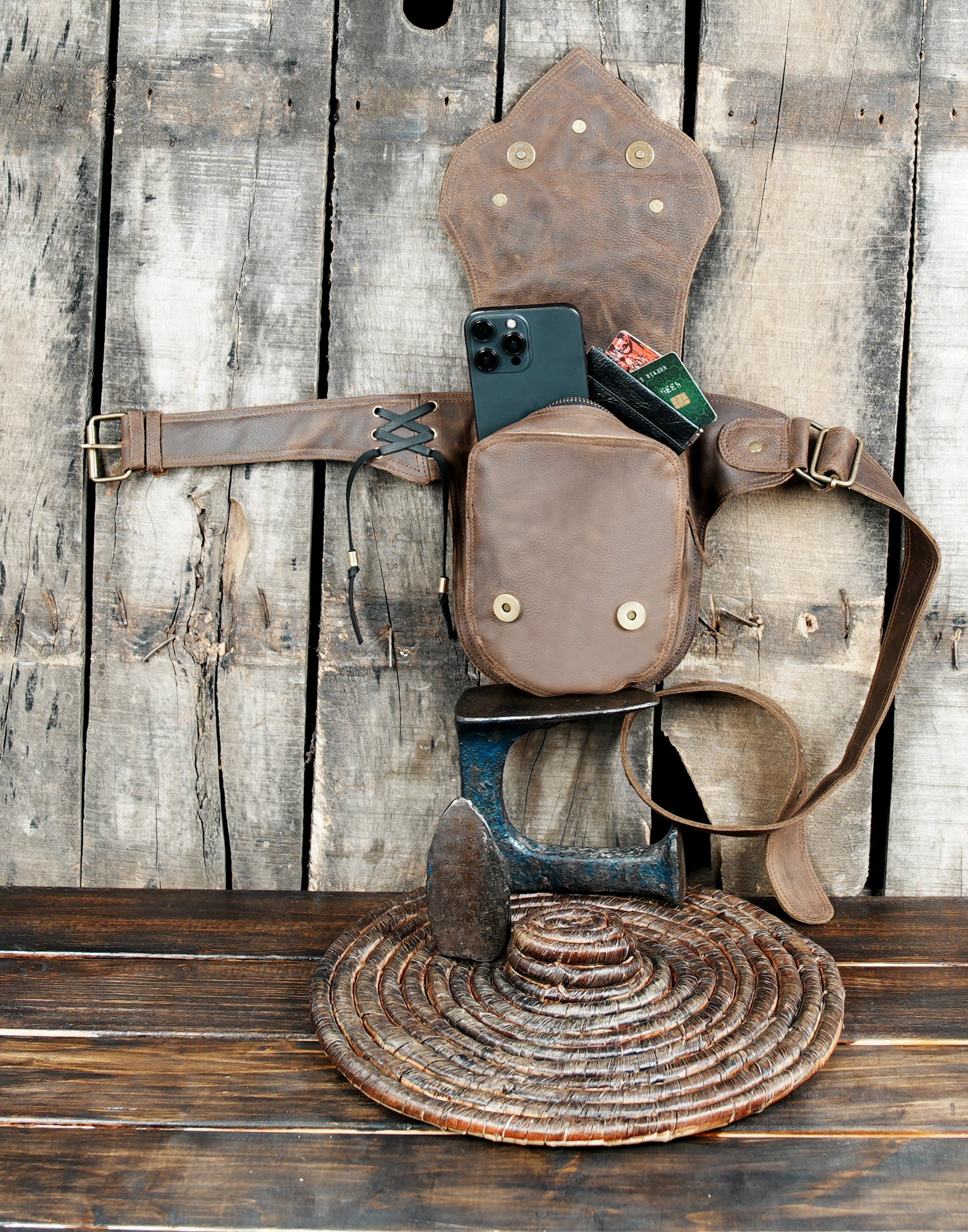 Eco-friendly leather waist bag with natural gemstone charm