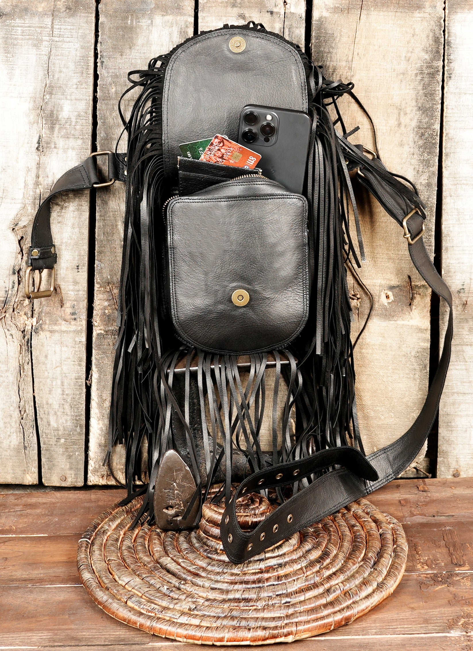 real leather waist bag with long fringe