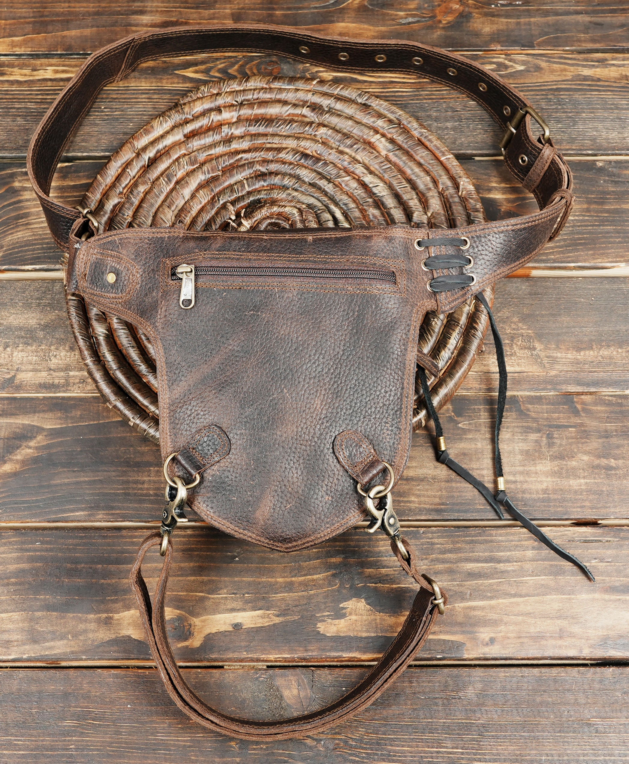 Brown utility belt with gemstone and handcrafted leather details