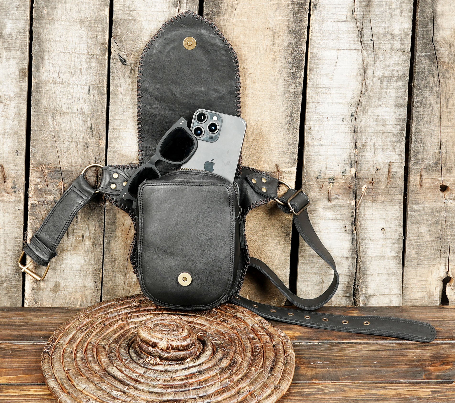Handmade Leather Gemstone Belt Bag: Festival Hip Pack with storage