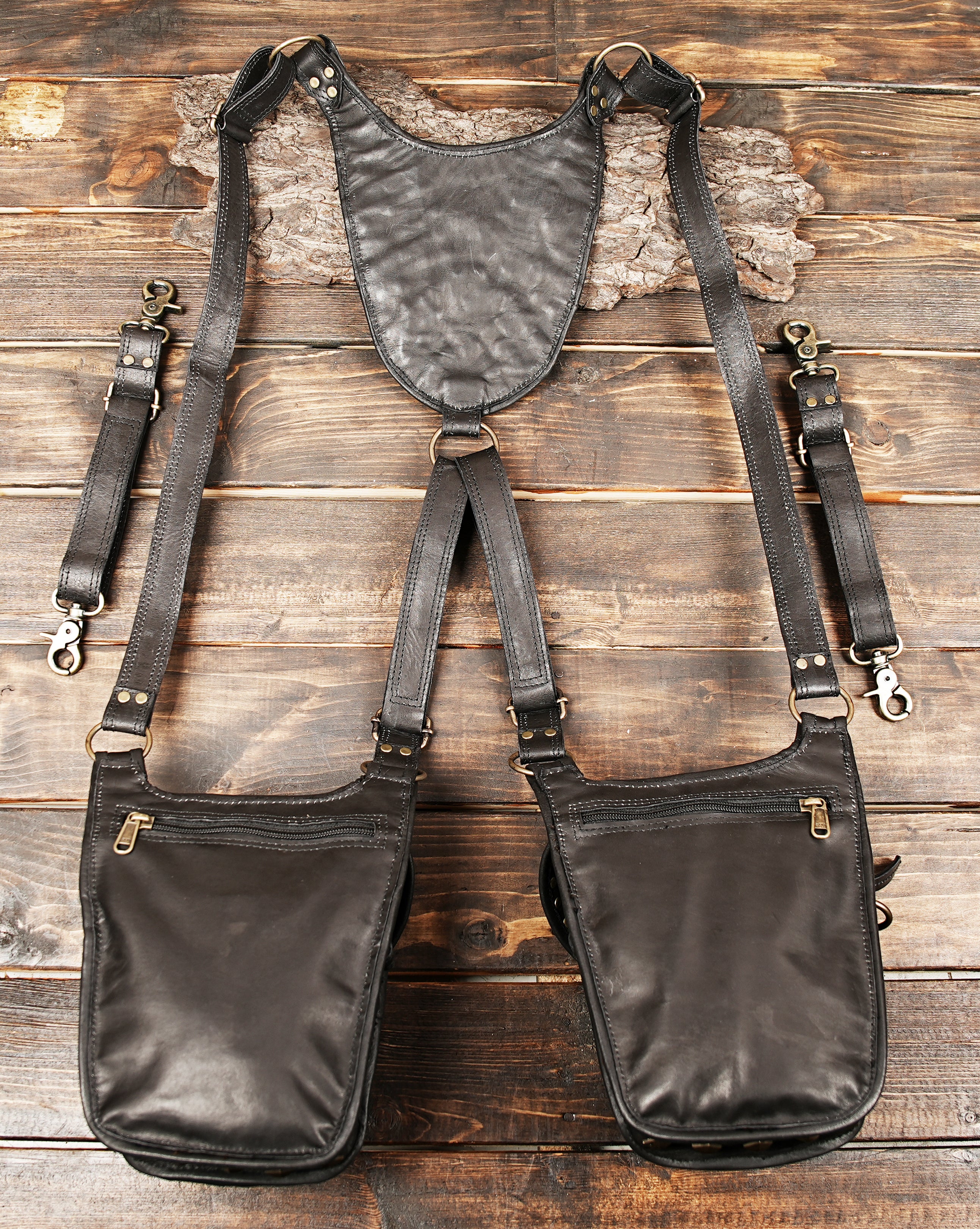 Model wearing handmade leather shoulder holster with dual pouches