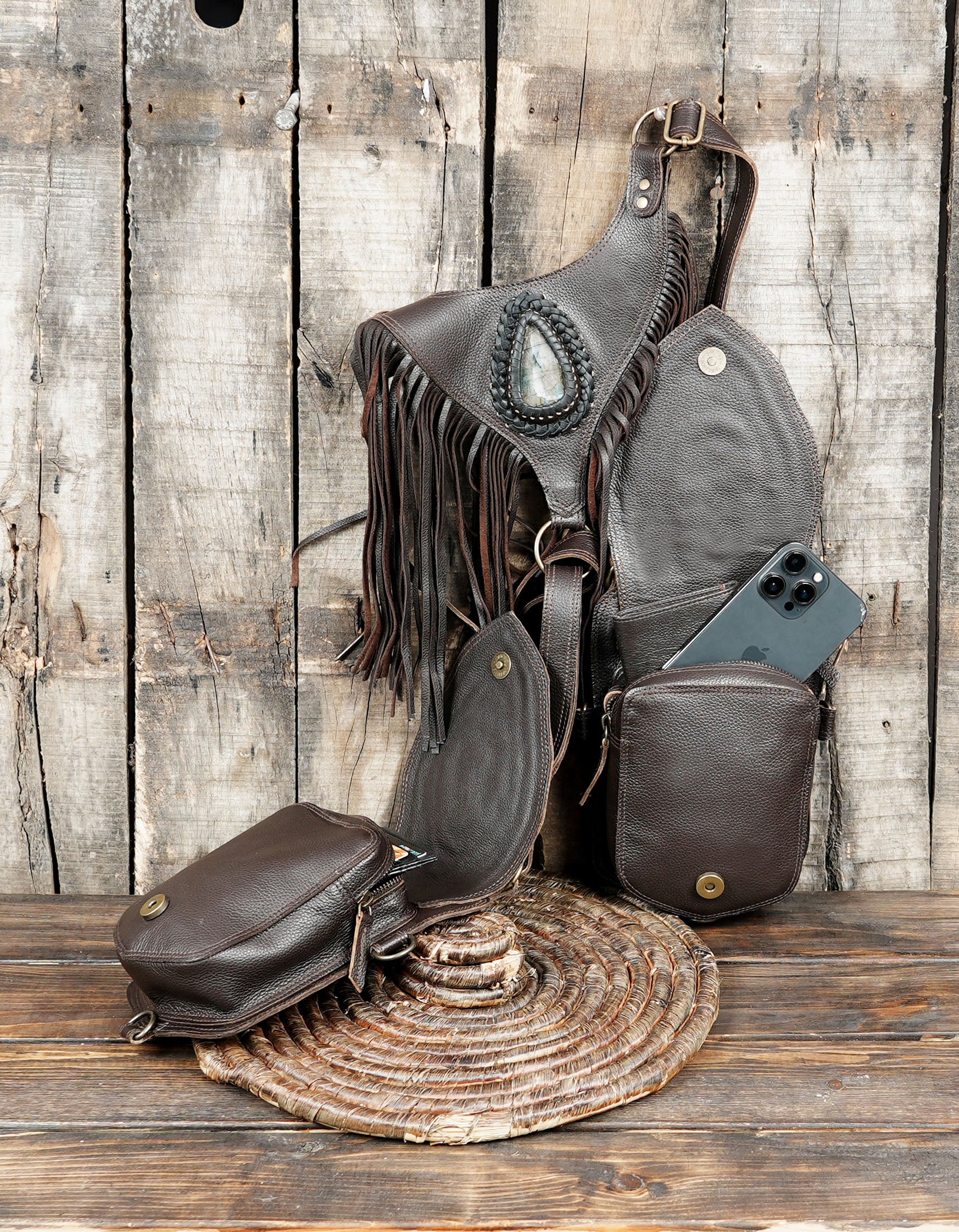 Adjustable brown leather holster harness with gemstone flap