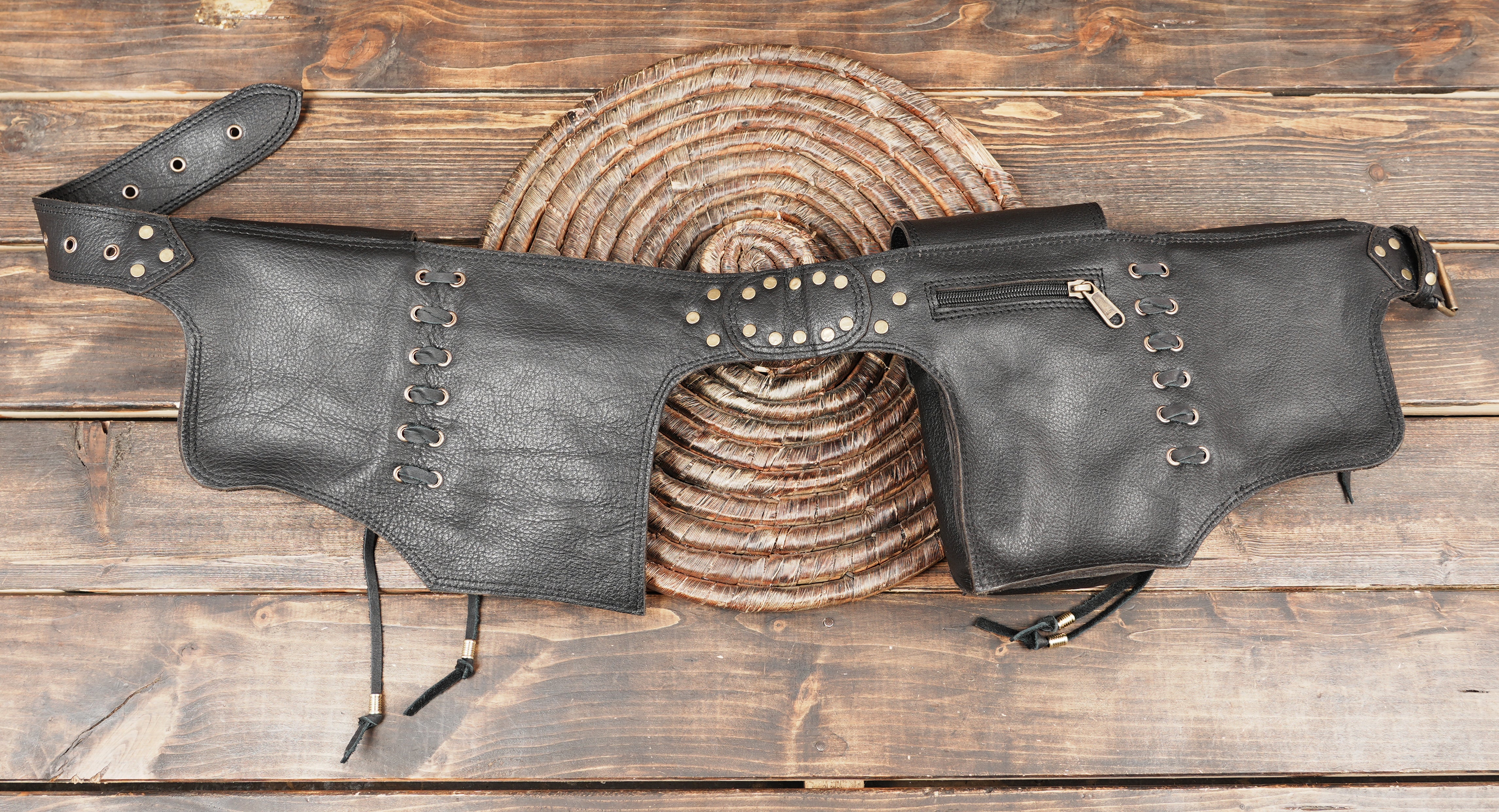 Black leather belt with zip pocket and dual pouches